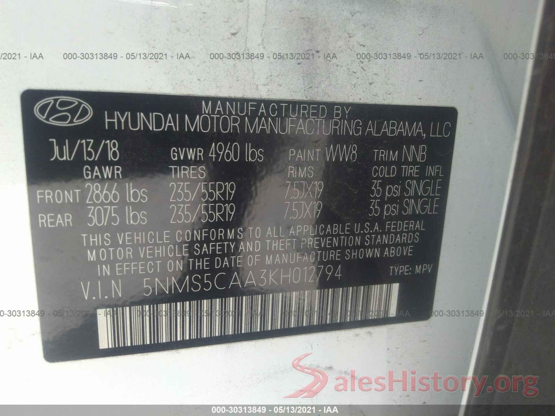 5NMS5CAA3KH012794 2019 HYUNDAI SANTA FE