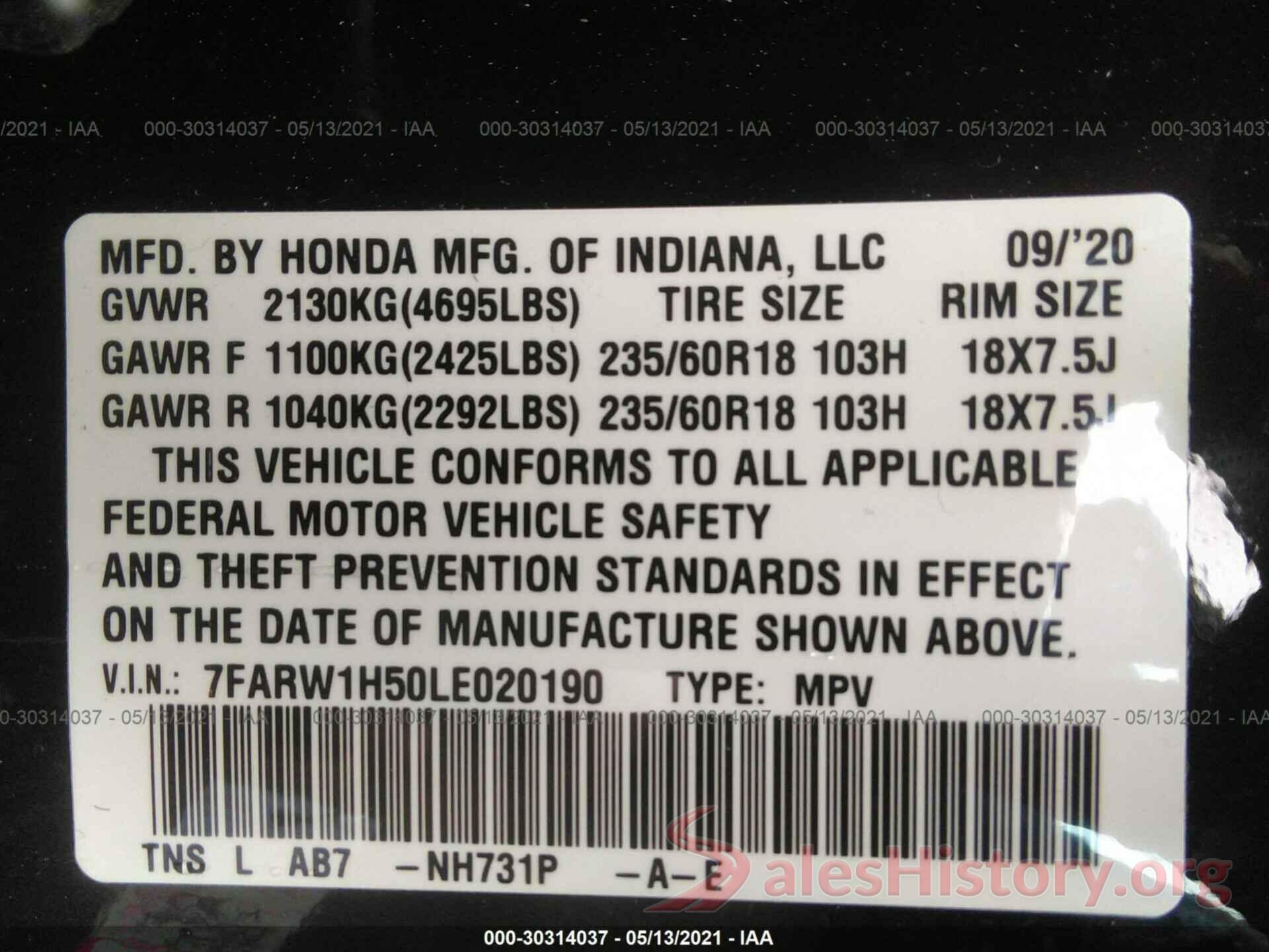 7FARW1H50LE020190 2020 HONDA CR-V