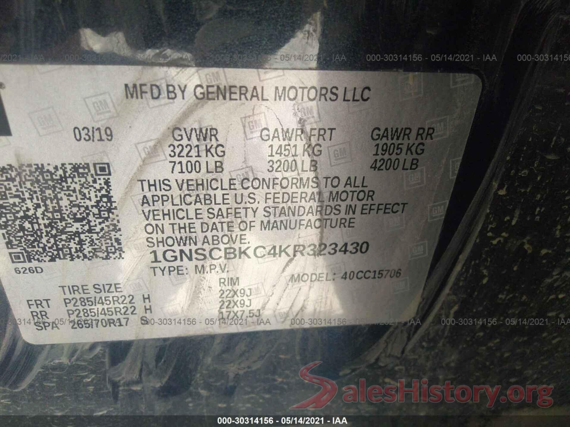 1GNSCBKC4KR323430 2019 CHEVROLET TAHOE