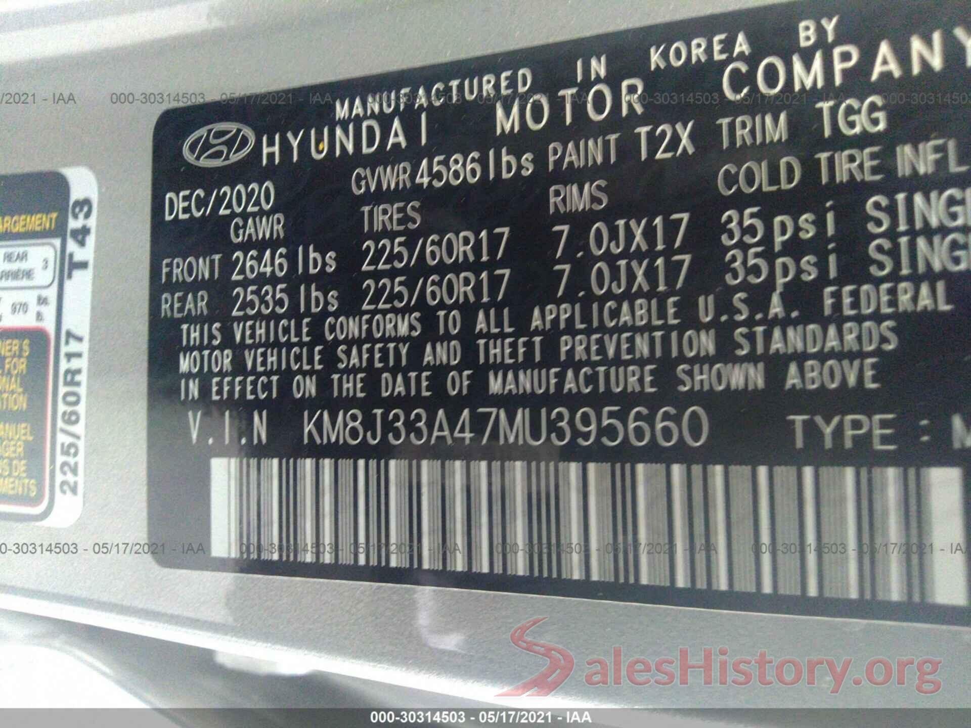 KM8J33A47MU395660 2021 HYUNDAI TUCSON