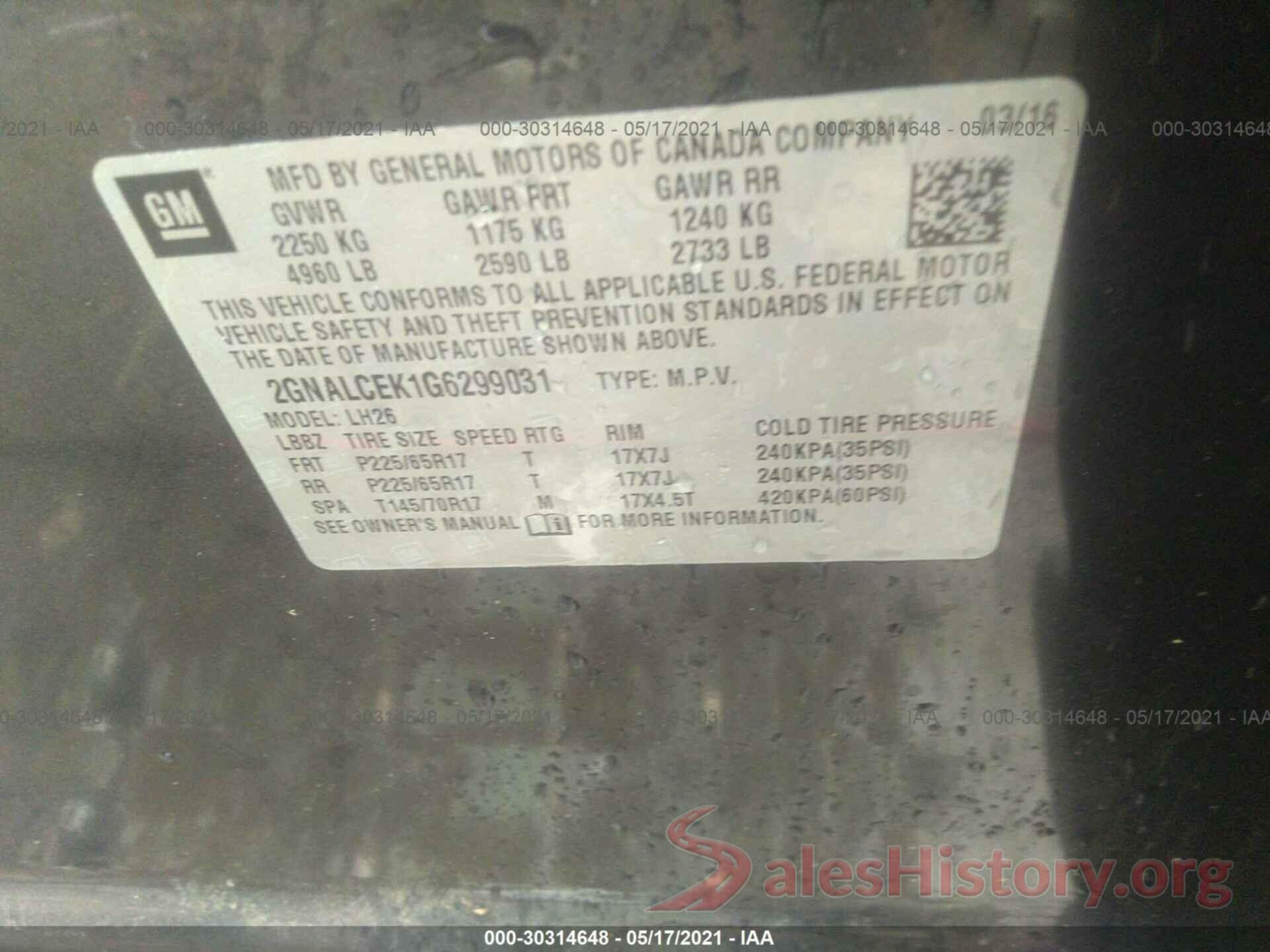 2GNALCEK1G6299031 2016 CHEVROLET EQUINOX