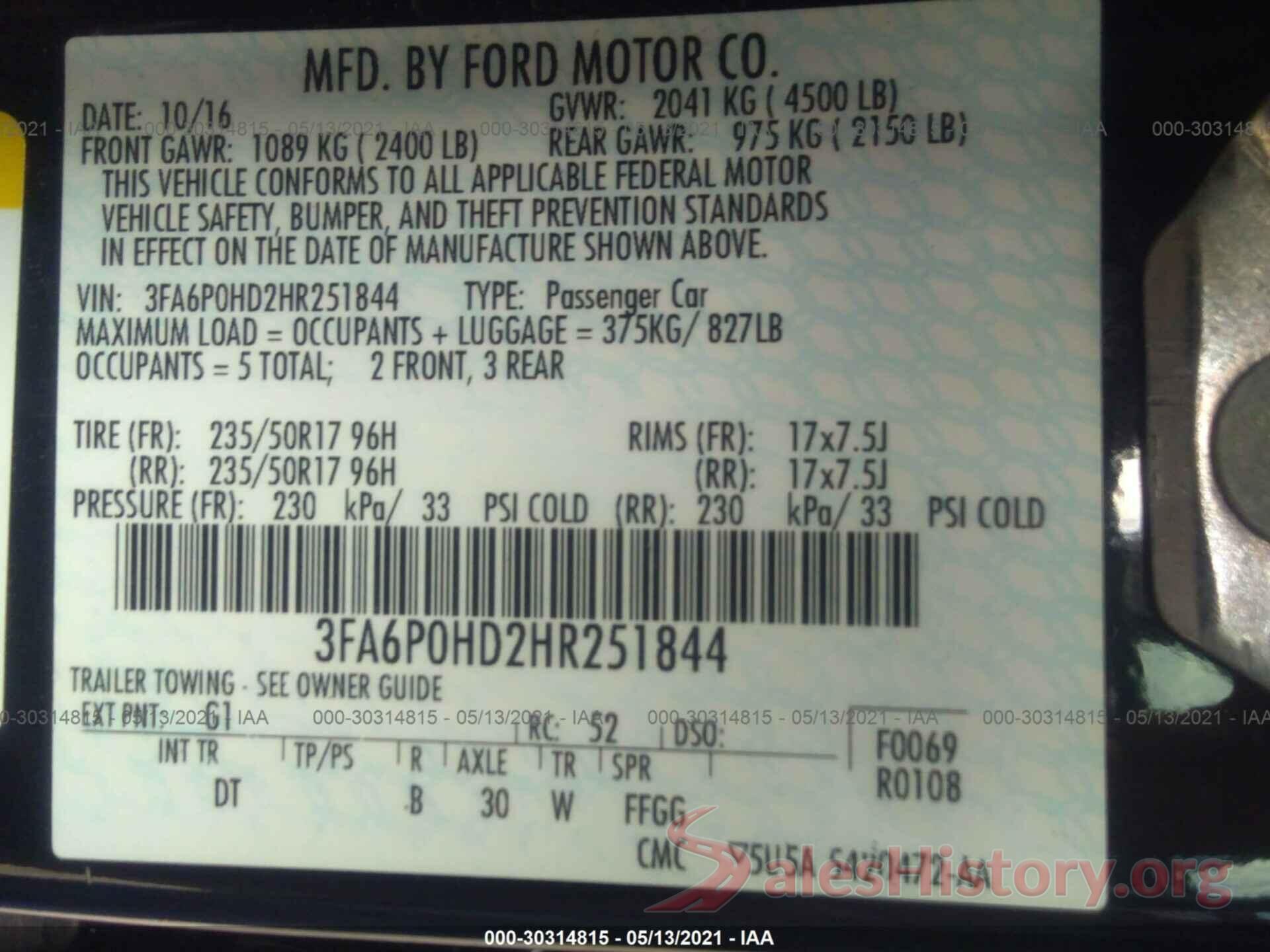 3FA6P0HD2HR251844 2017 FORD FUSION