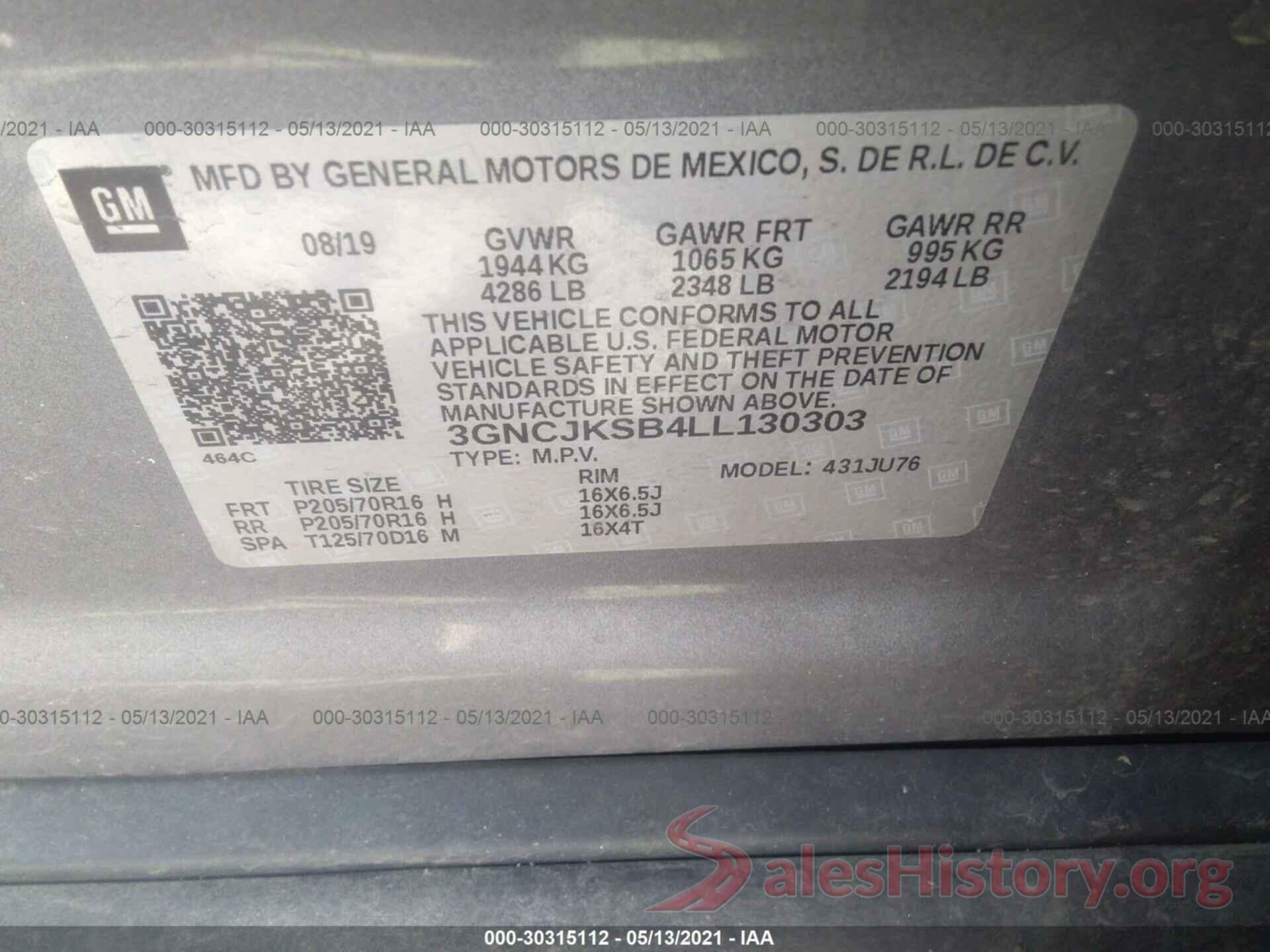 3GNCJKSB4LL130303 2020 CHEVROLET TRAX