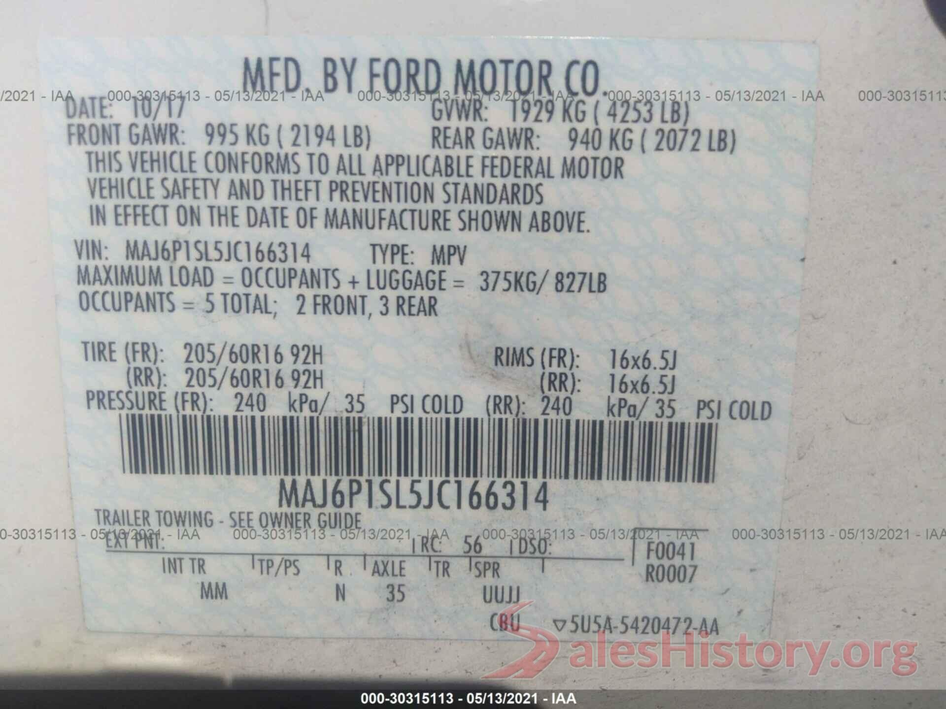 MAJ6P1SL5JC166314 2018 FORD ECOSPORT