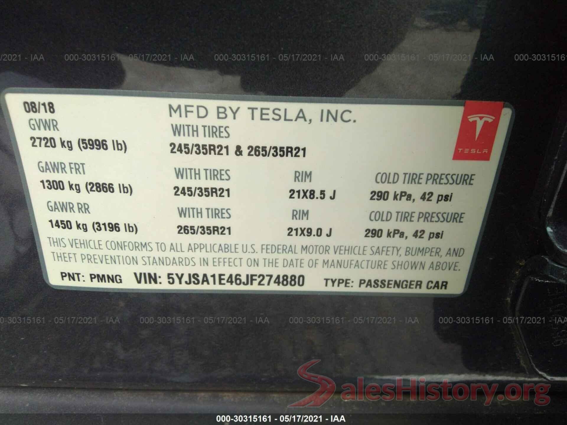 5YJSA1E46JF274880 2018 TESLA MODEL S