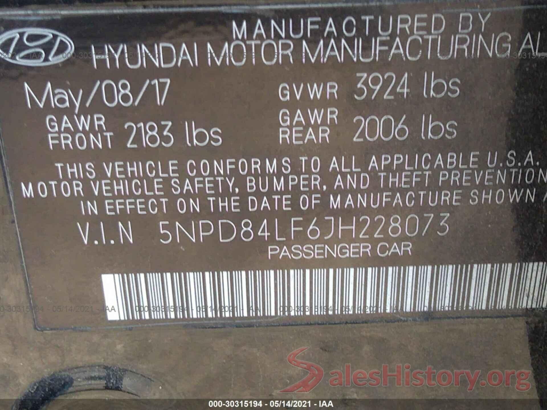 5NPD84LF6JH228073 2018 HYUNDAI ELANTRA