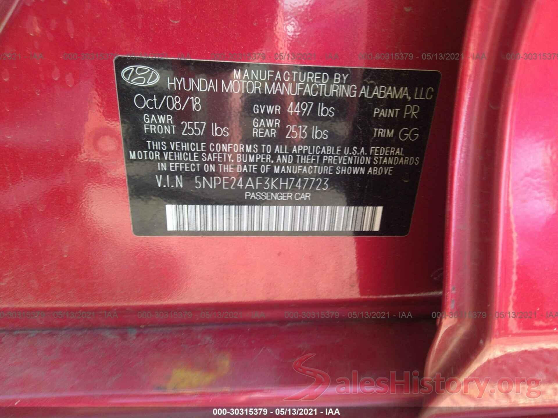 5NPE24AF3KH747723 2019 HYUNDAI SONATA