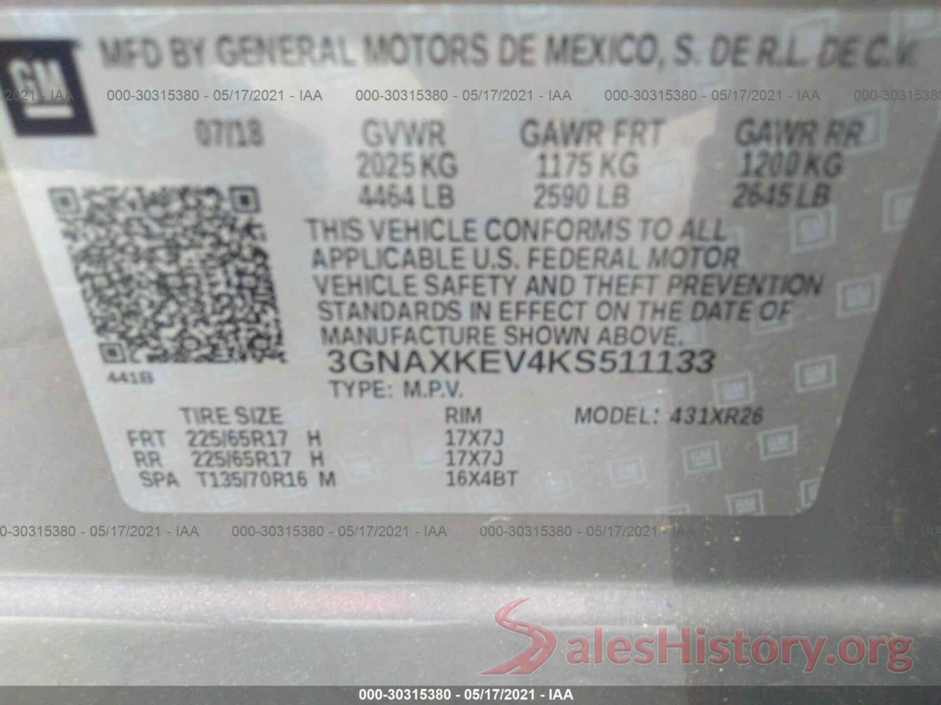 3GNAXKEV4KS511133 2019 CHEVROLET EQUINOX