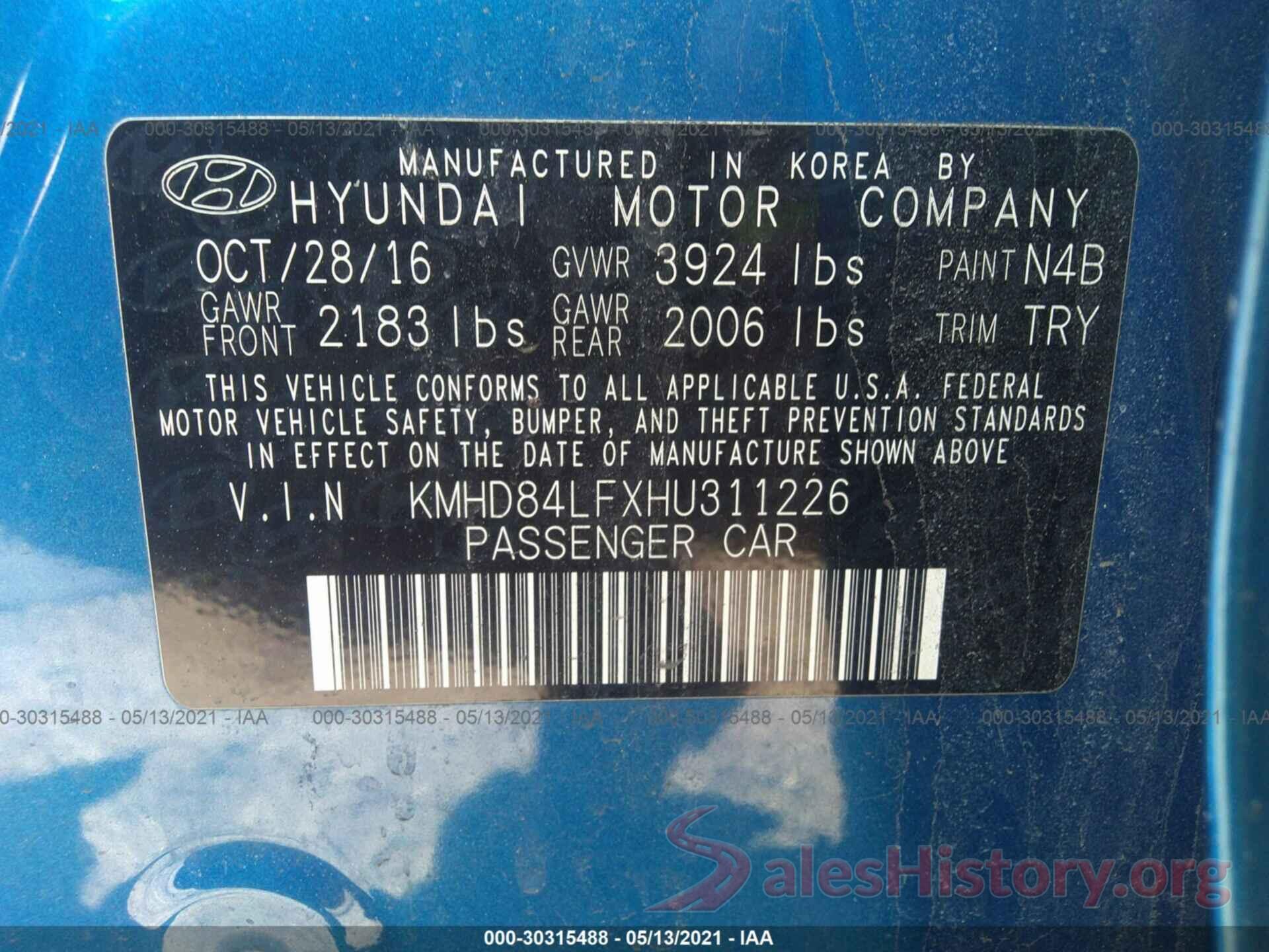 KMHD84LFXHU311226 2017 HYUNDAI ELANTRA