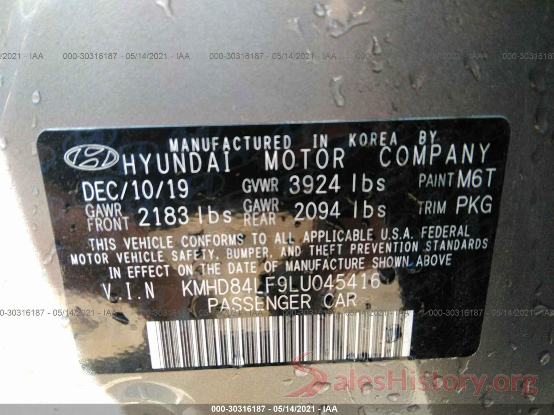 KMHD84LF9LU045416 2020 HYUNDAI ELANTRA