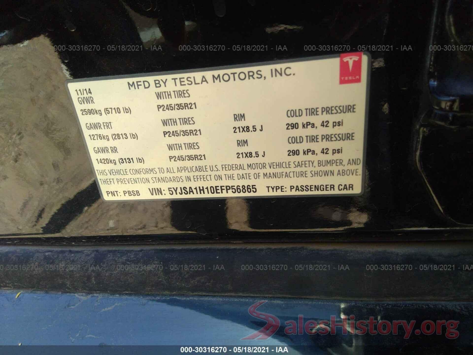 5YJSA1H10EFP56865 2014 TESLA MODEL S