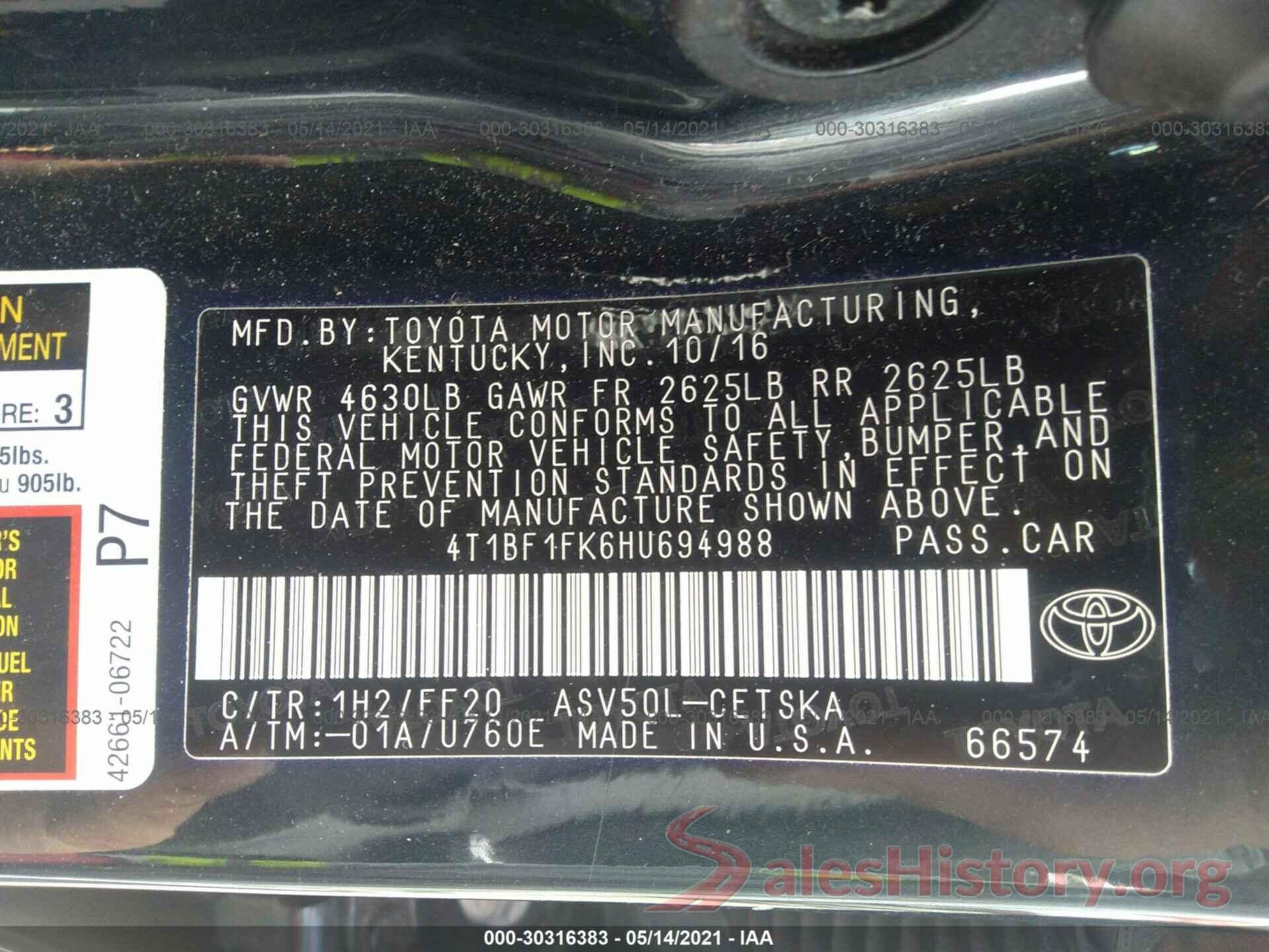 4T1BF1FK6HU694988 2017 TOYOTA CAMRY