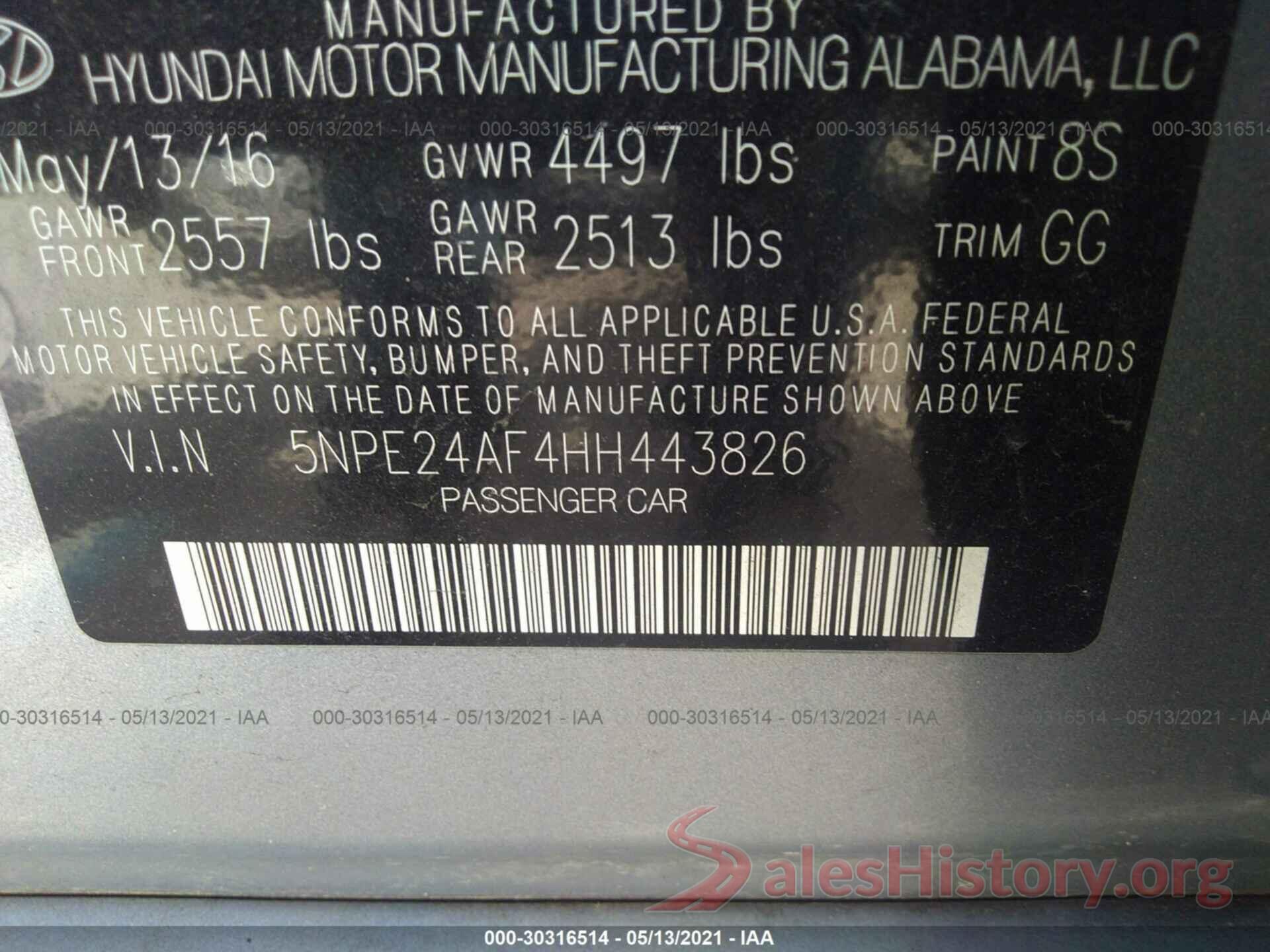 5NPE24AF4HH443826 2017 HYUNDAI SONATA