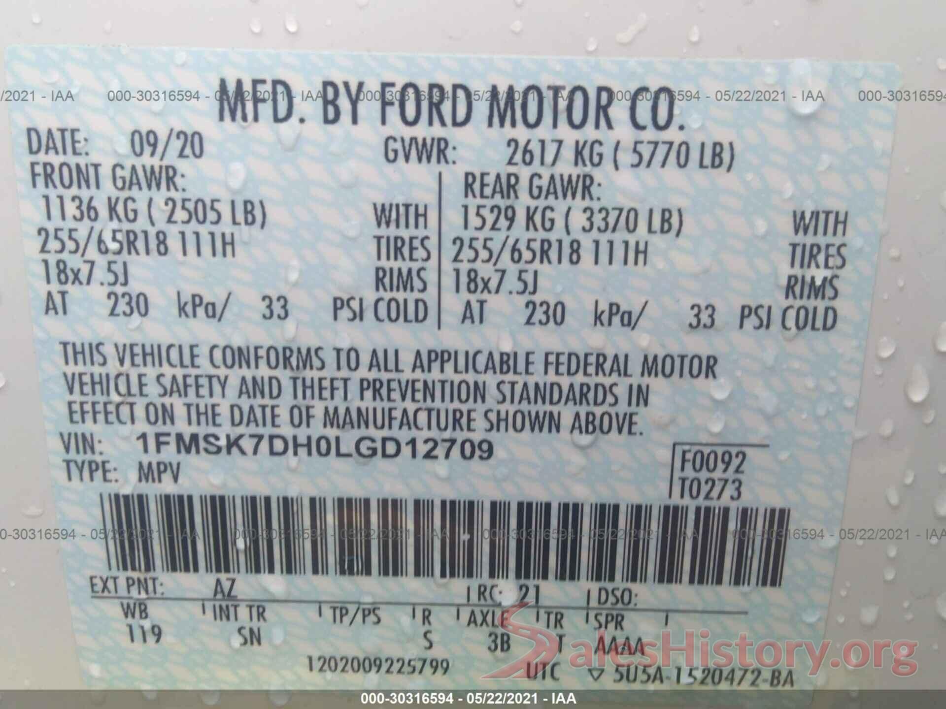 1FMSK7DH0LGD12709 2020 FORD EXPLORER