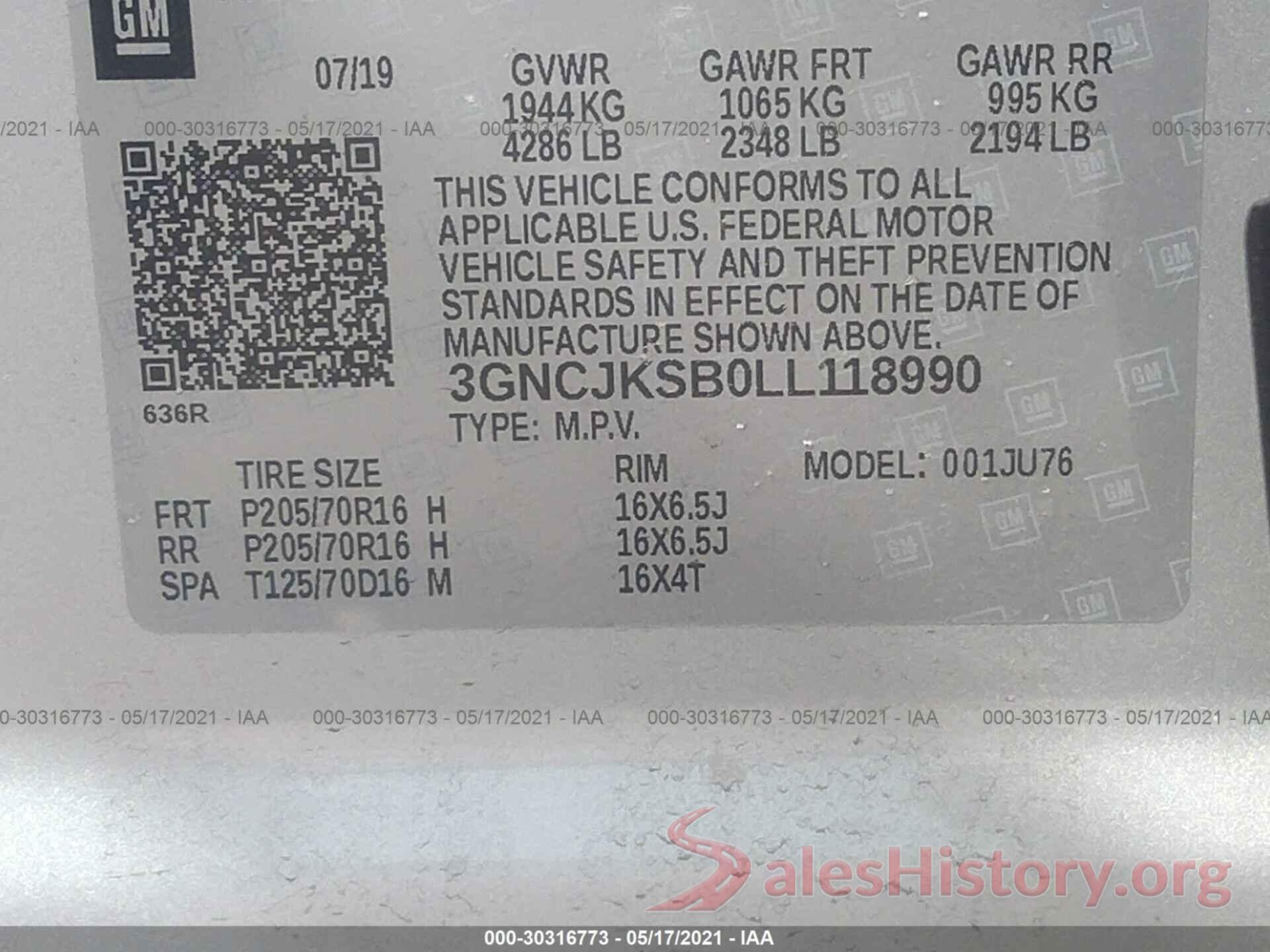 3GNCJKSB0LL118990 2020 CHEVROLET TRAX