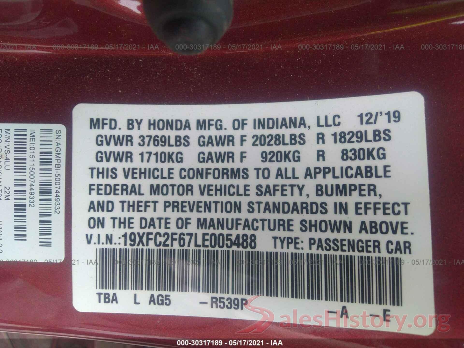 19XFC2F67LE005488 2020 HONDA CIVIC SEDAN