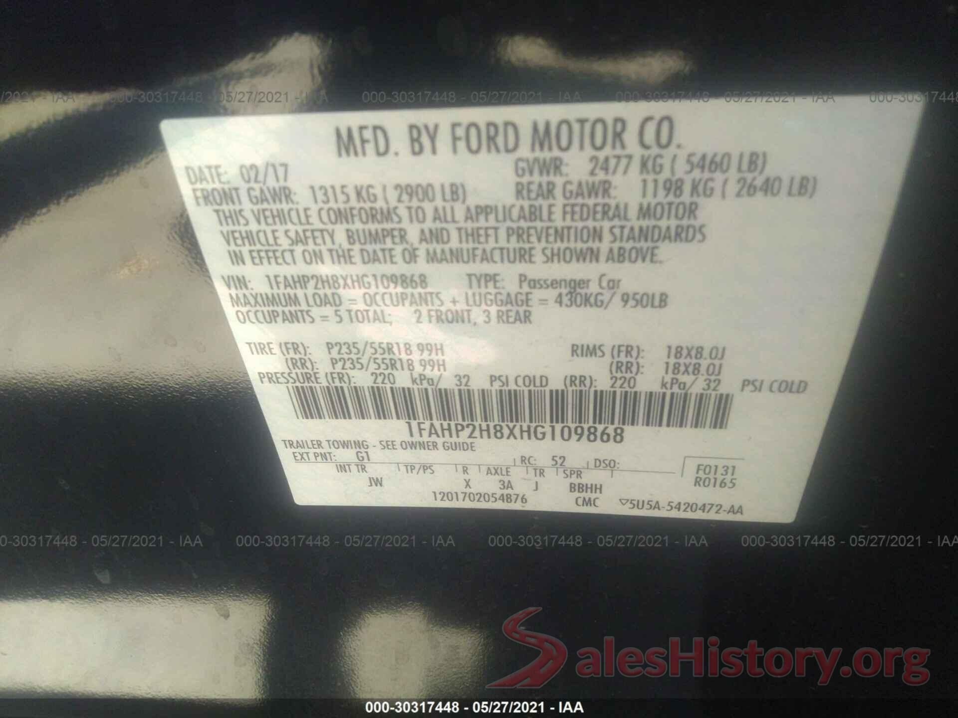 1FAHP2H8XHG109868 2017 FORD TAURUS