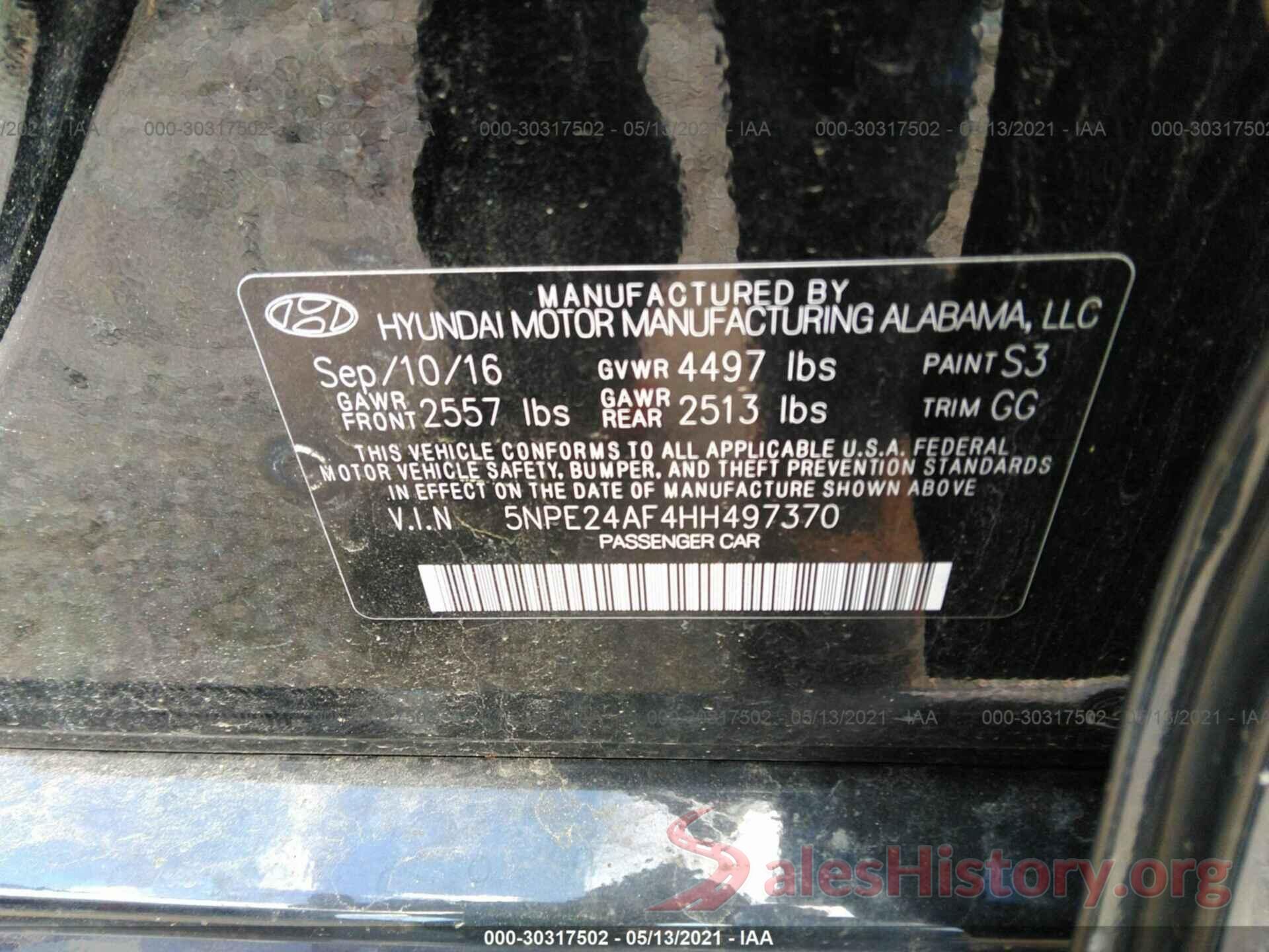 5NPE24AF4HH497370 2017 HYUNDAI SONATA