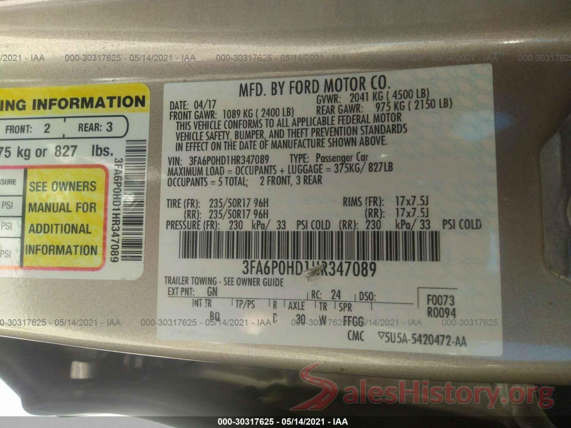 3FA6P0HD1HR347089 2017 FORD FUSION