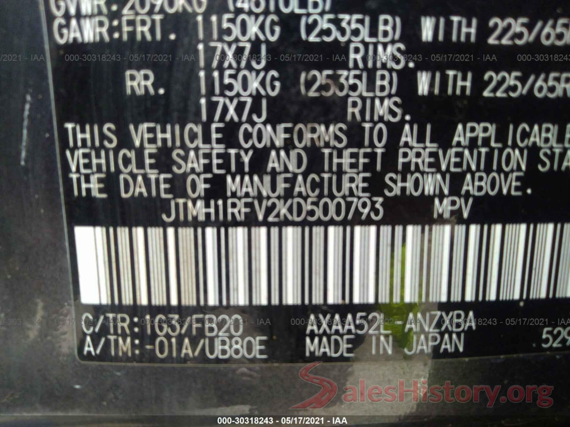 JTMH1RFV2KD500793 2019 TOYOTA RAV4