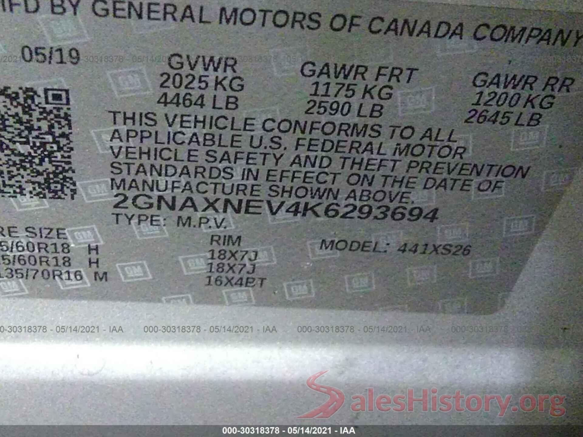 2GNAXNEV4K6293694 2019 CHEVROLET EQUINOX