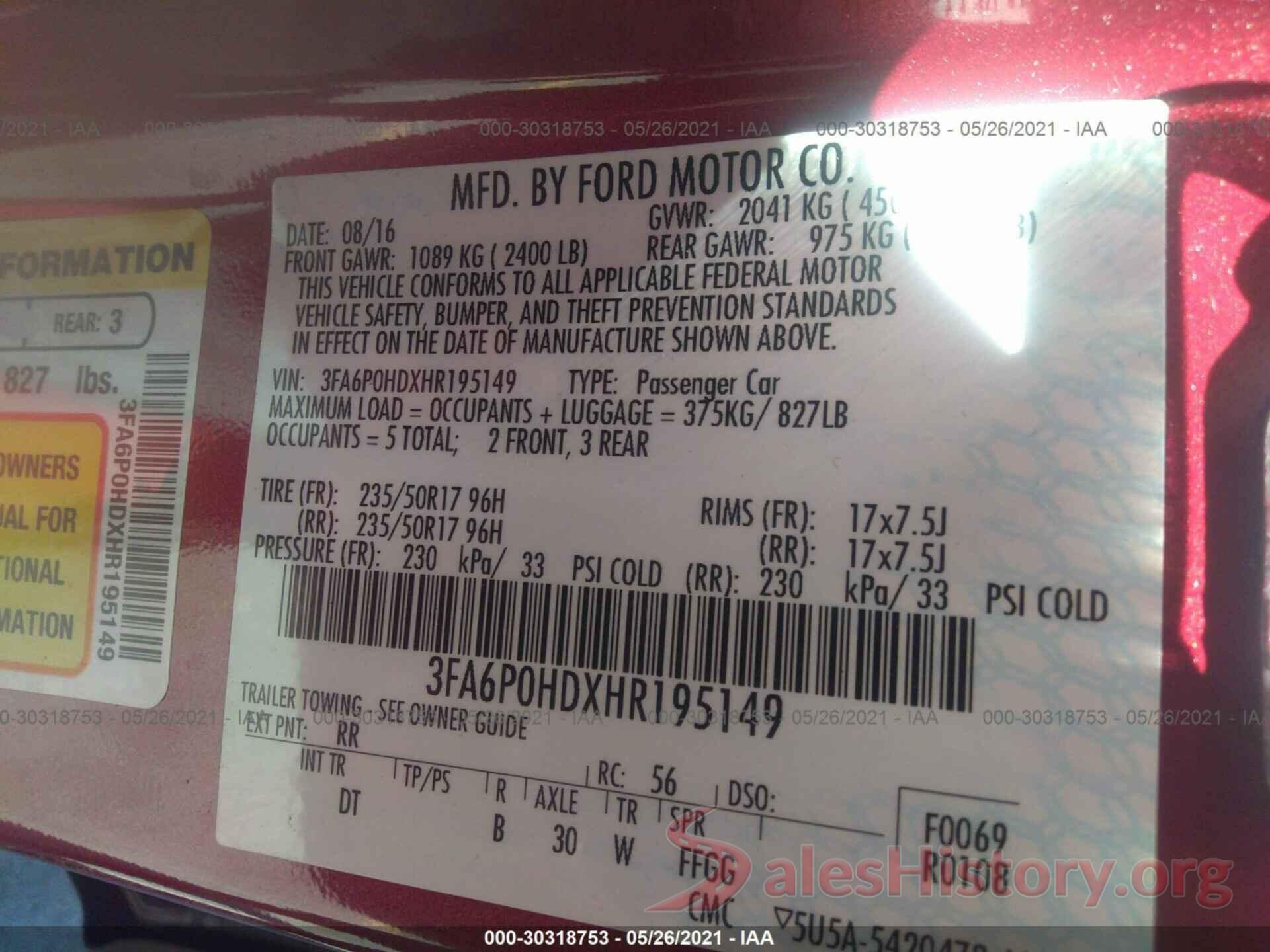 3FA6P0HDXHR195149 2017 FORD FUSION