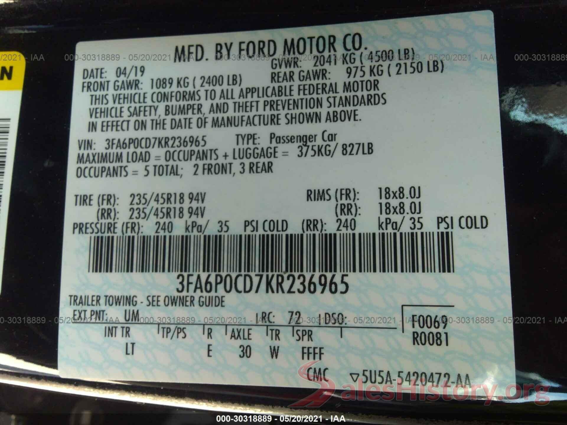 3FA6P0CD7KR236965 2019 FORD FUSION