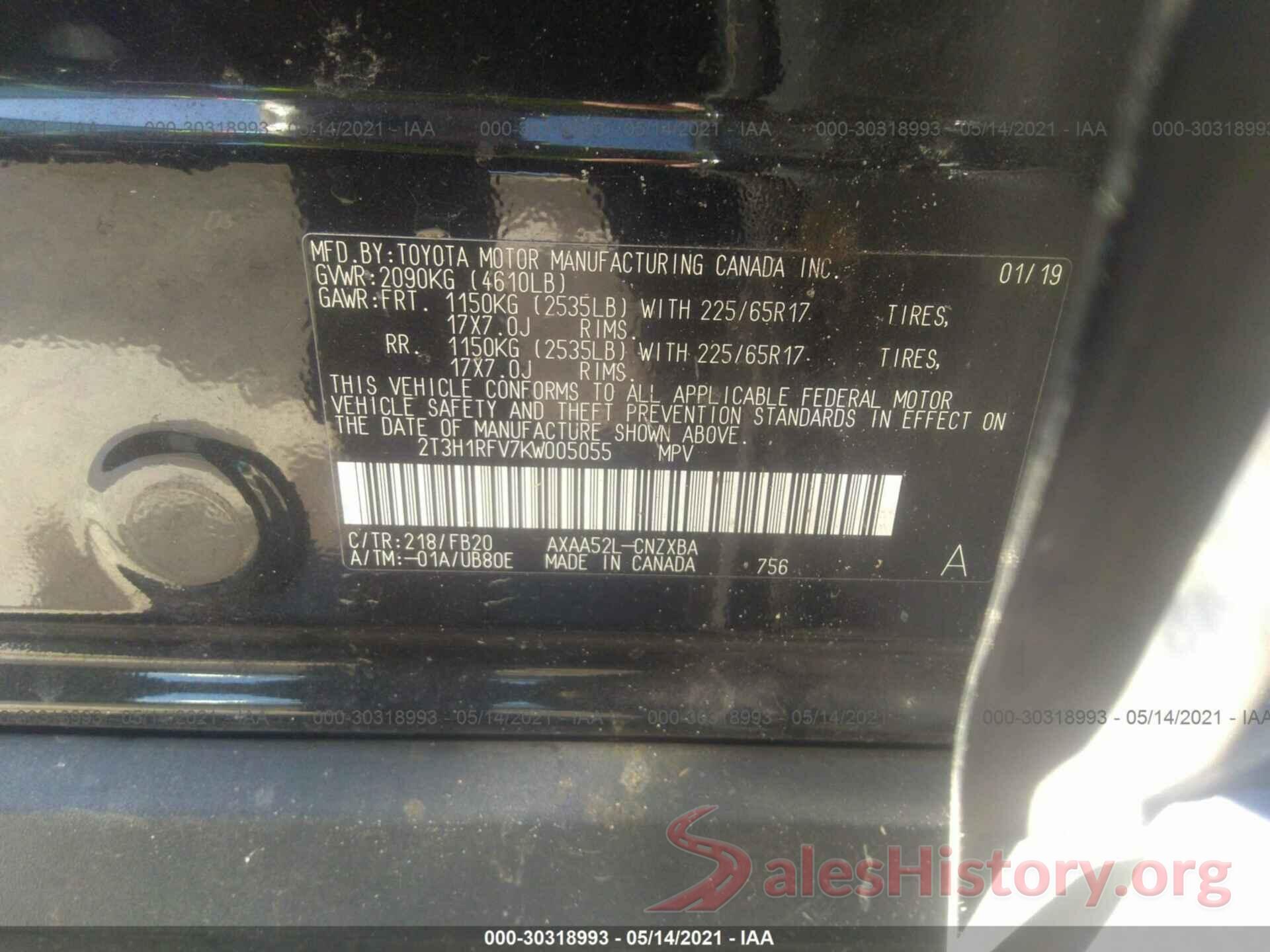 2T3H1RFV7KW005055 2019 TOYOTA RAV4