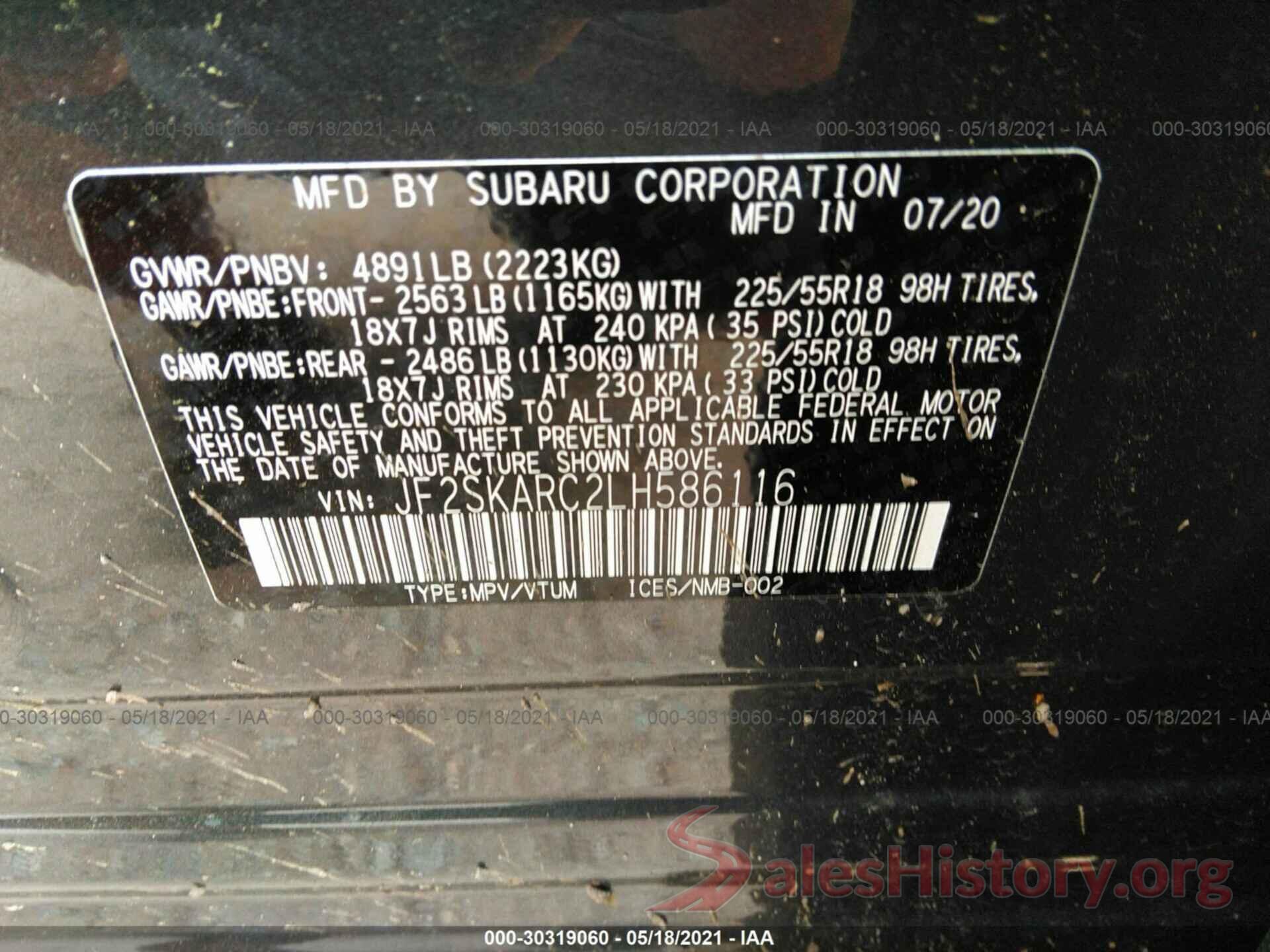 JF2SKARC2LH586116 2020 SUBARU FORESTER