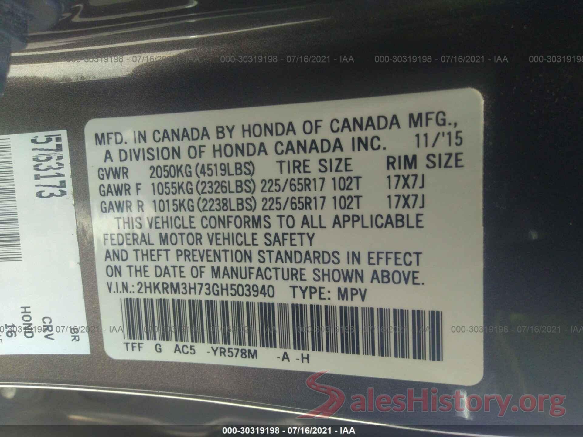 2HKRM3H73GH503940 2016 HONDA CR-V