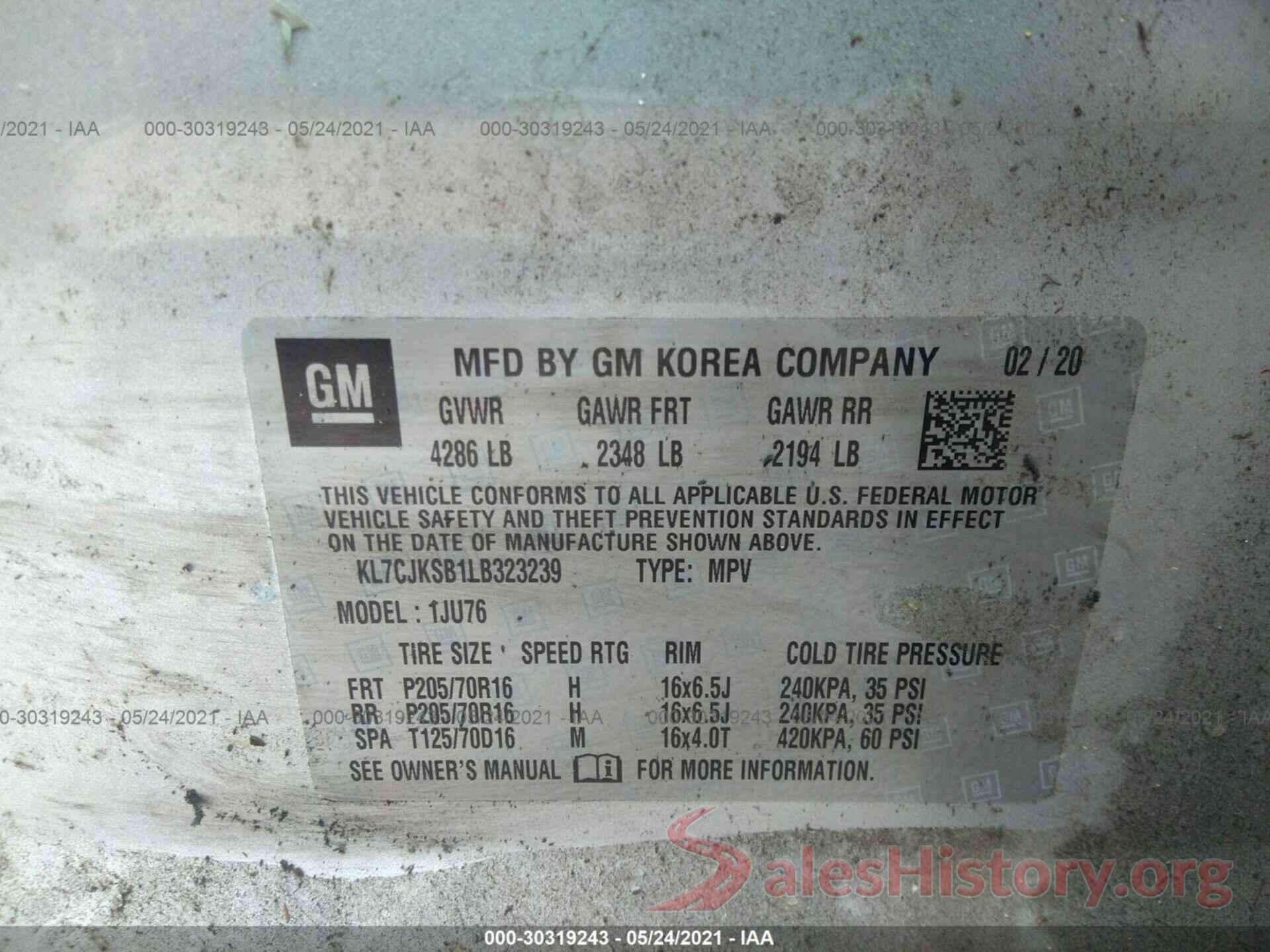 KL7CJKSB1LB323239 2020 CHEVROLET TRAX