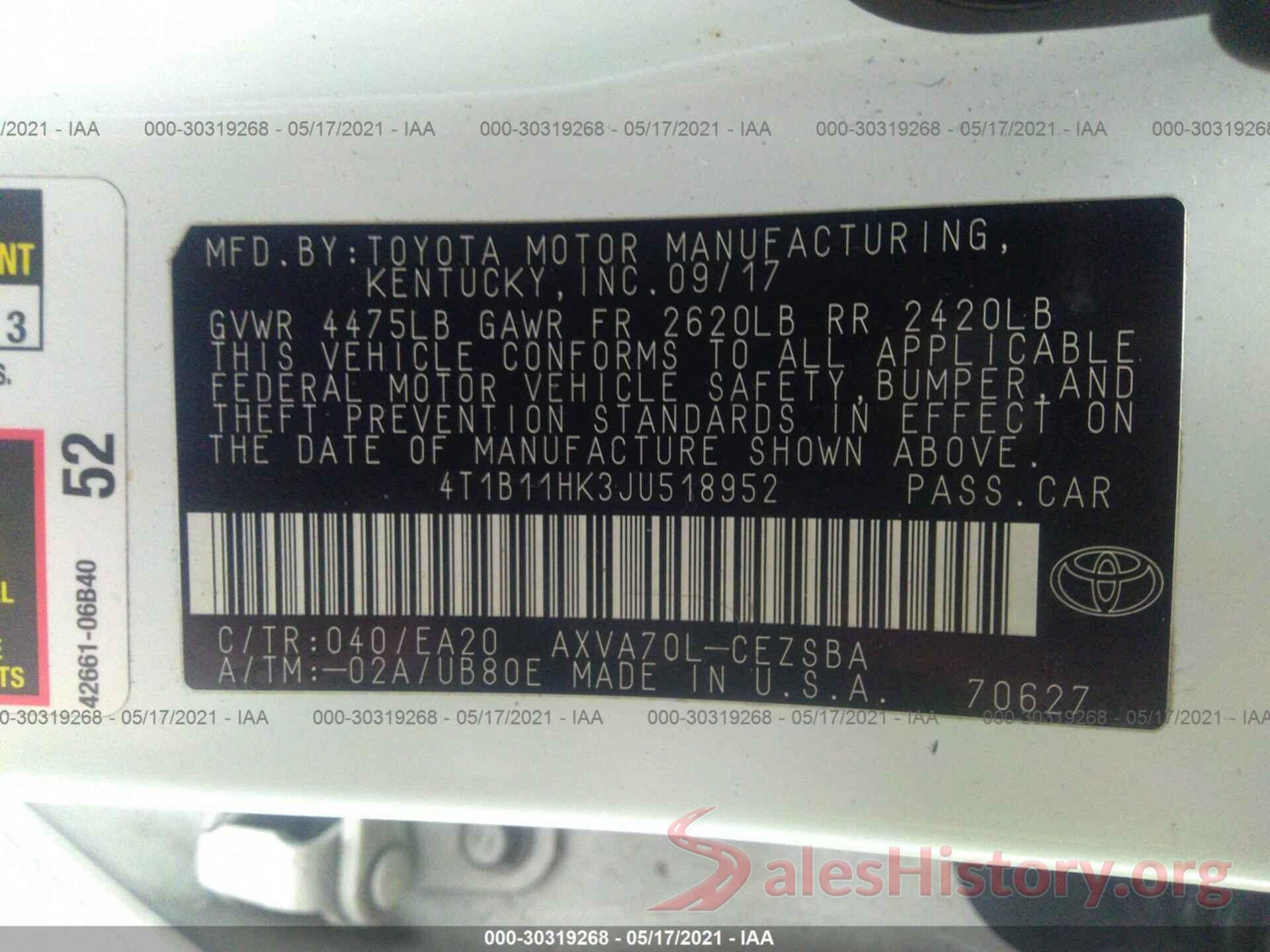 4T1B11HK3JU518952 2018 TOYOTA CAMRY