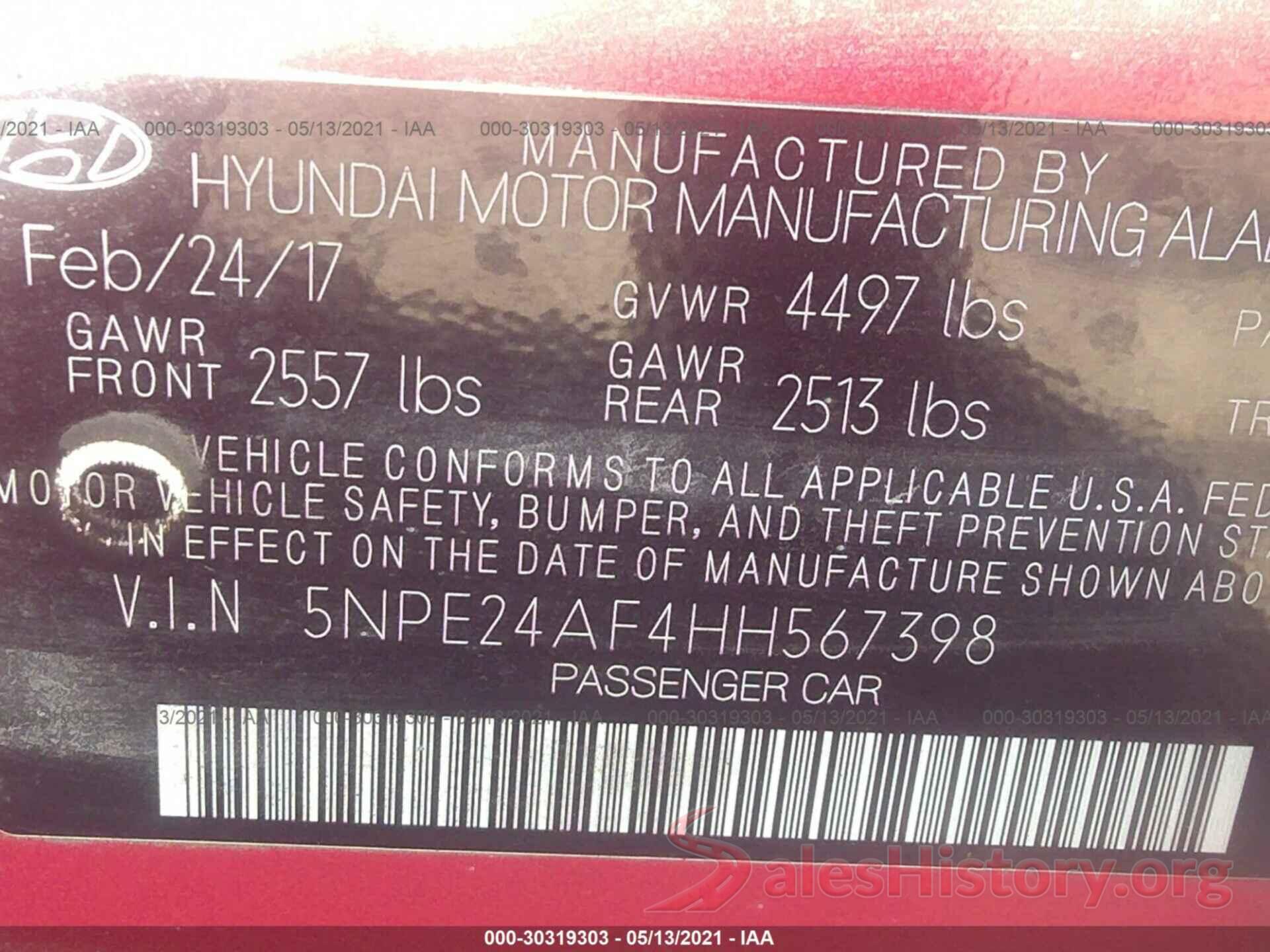 5NPE24AF4HH567398 2017 HYUNDAI SONATA