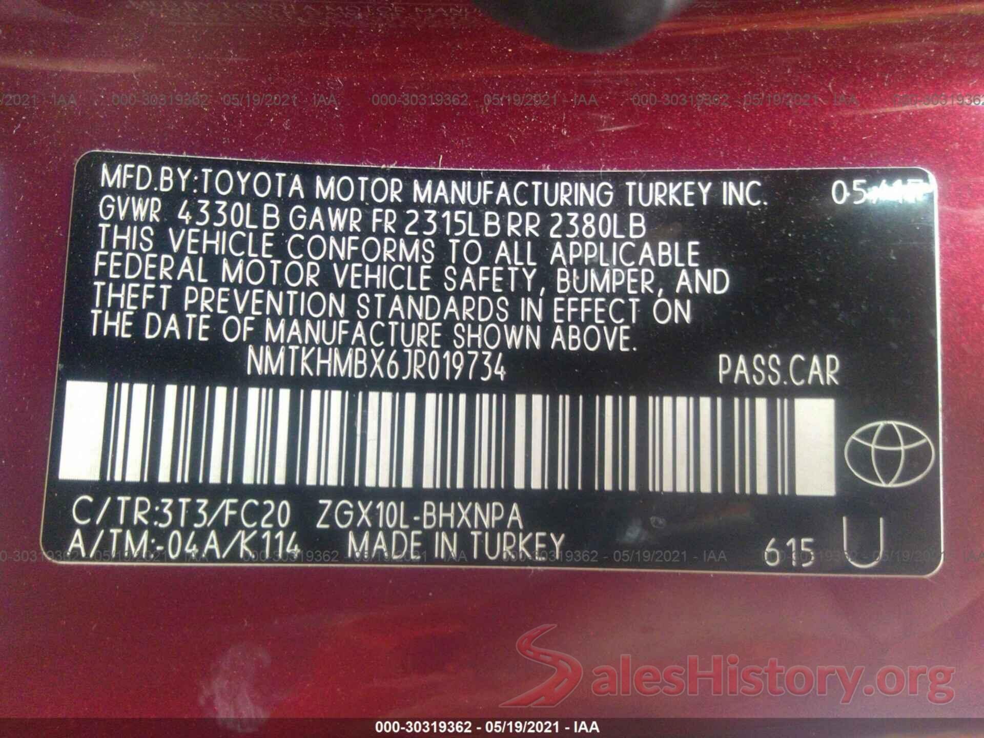 NMTKHMBX6JR019734 2018 TOYOTA C-HR