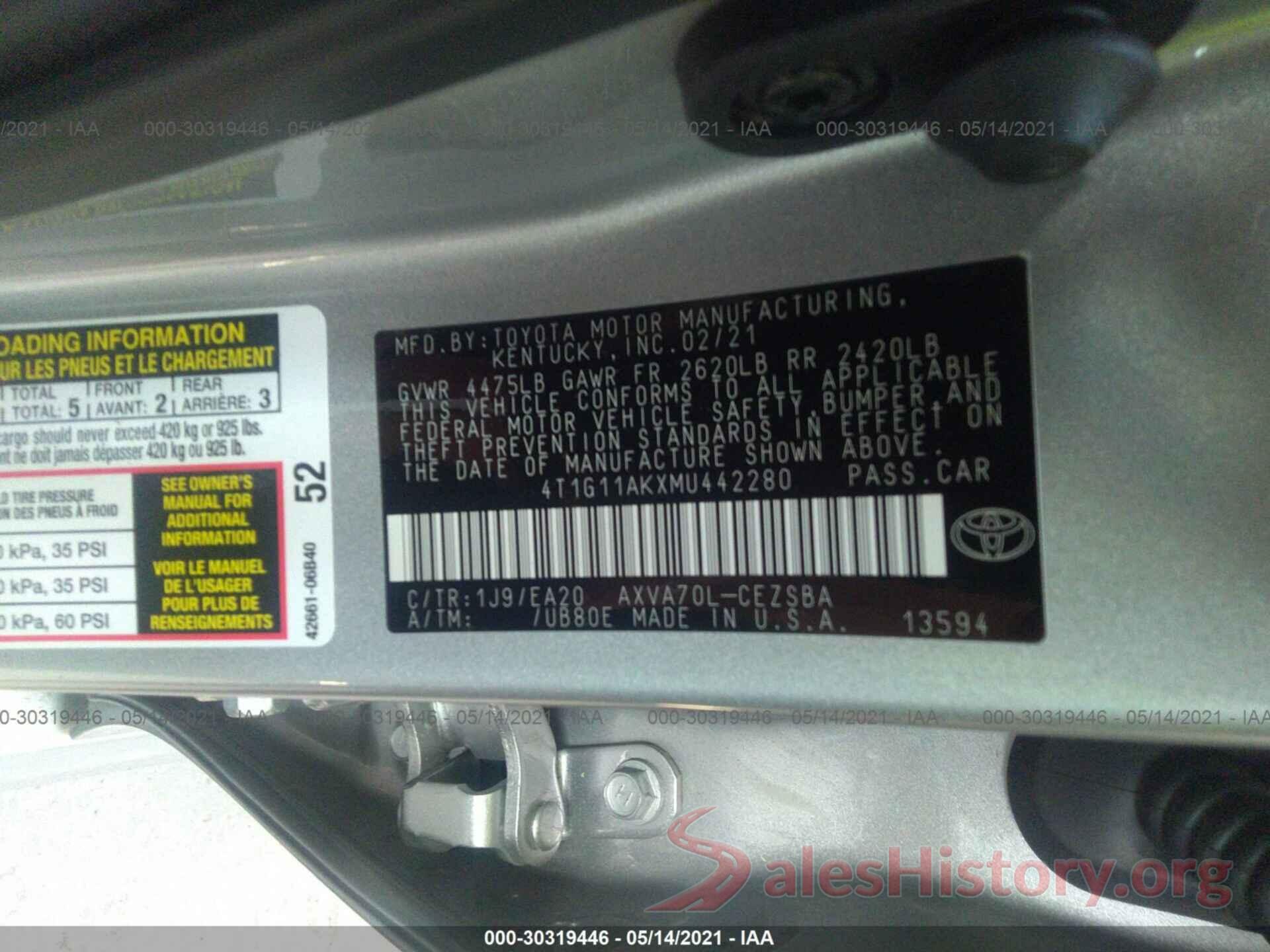 4T1G11AKXMU442280 2021 TOYOTA CAMRY