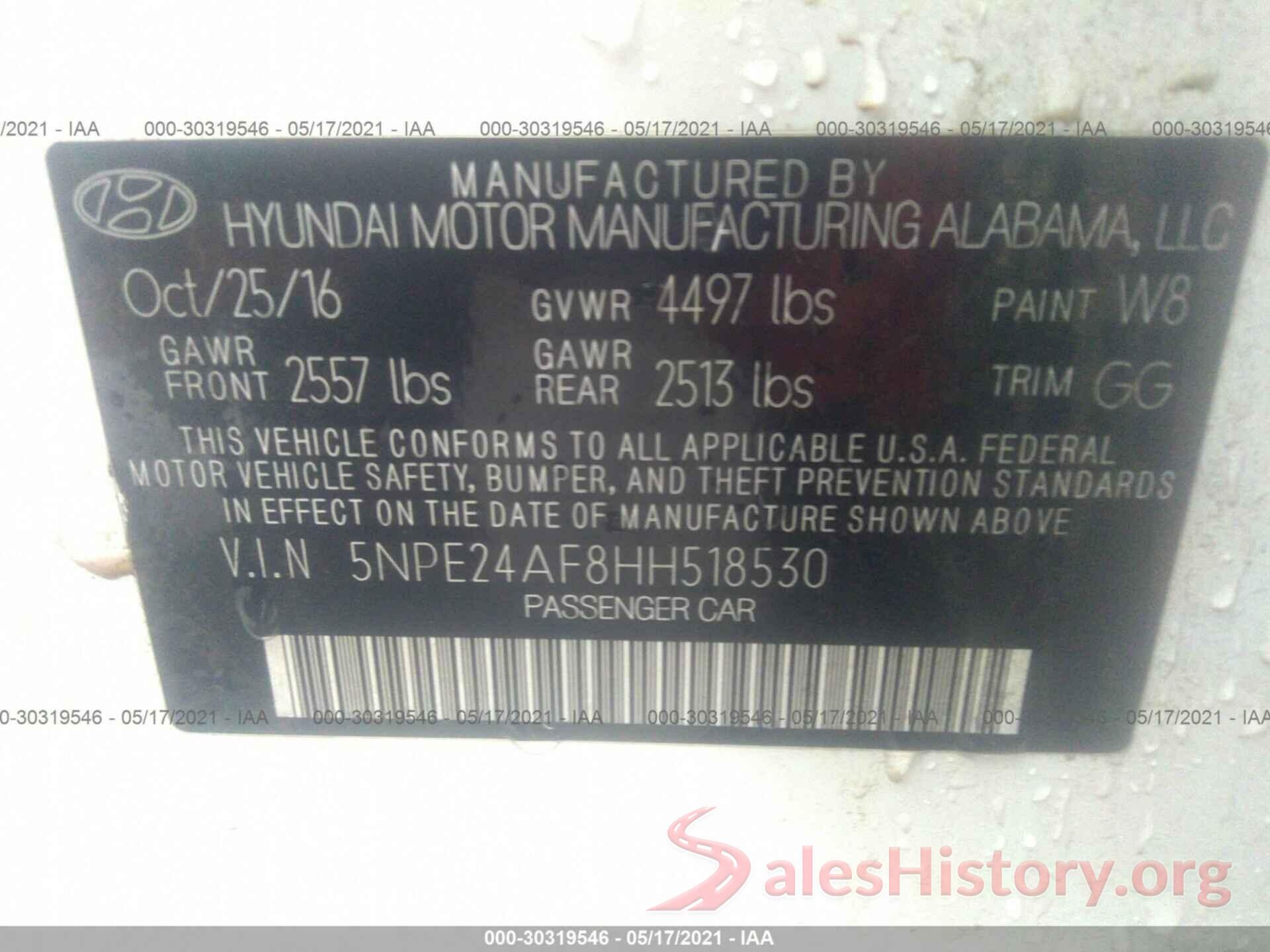 5NPE24AF8HH518530 2017 HYUNDAI SONATA