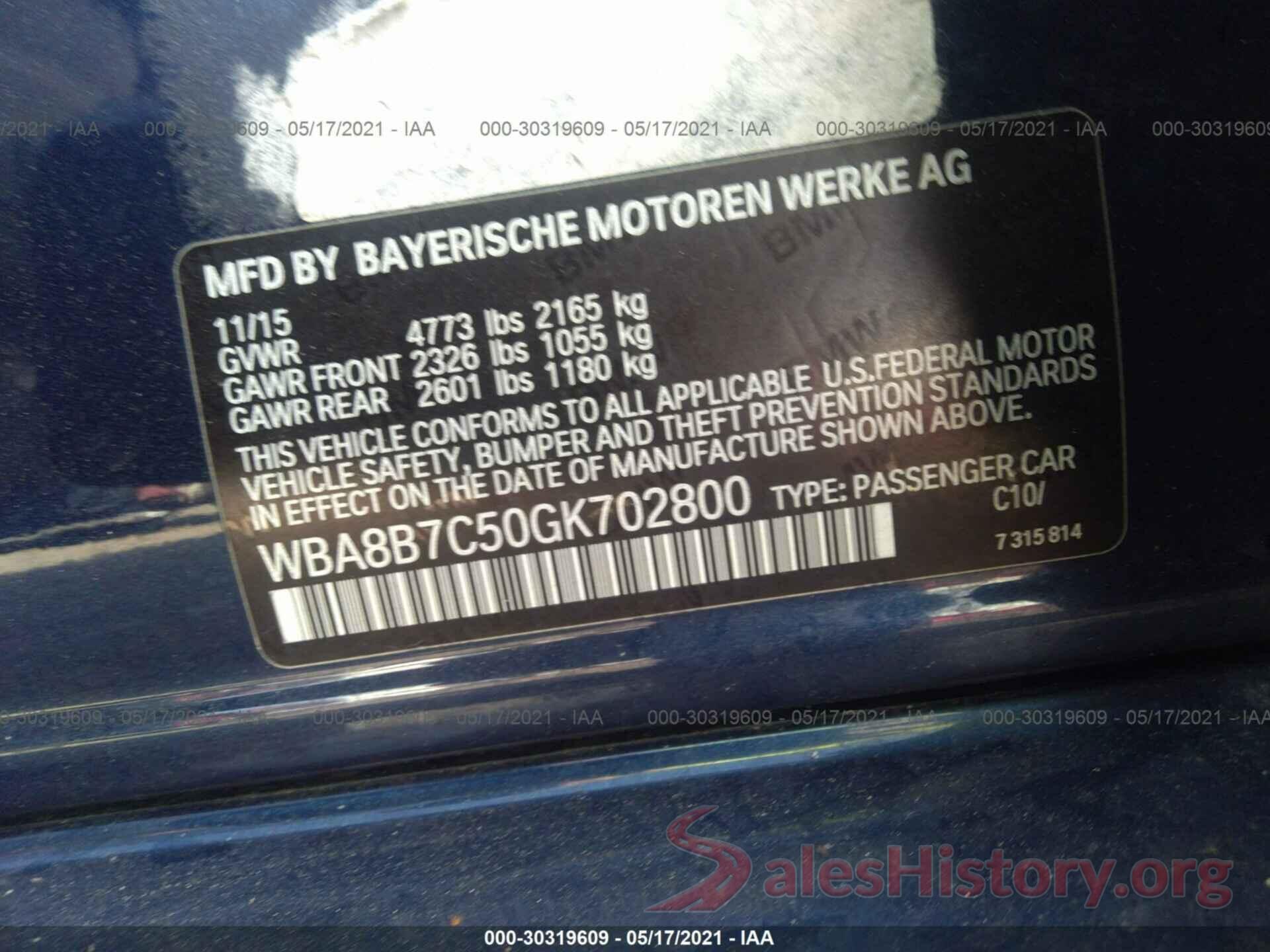 WBA8B7C50GK702800 2016 BMW 3 SERIES