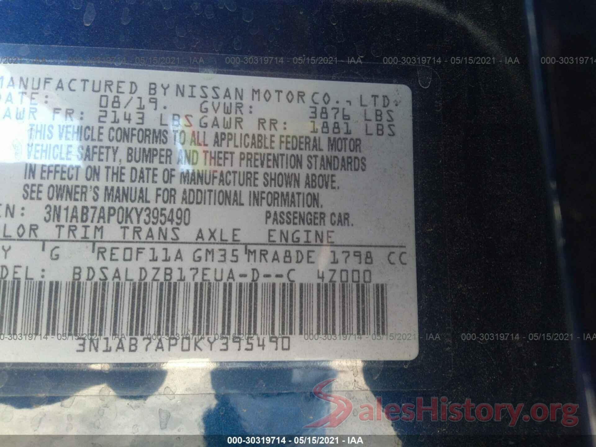 3N1AB7AP0KY395490 2019 NISSAN SENTRA