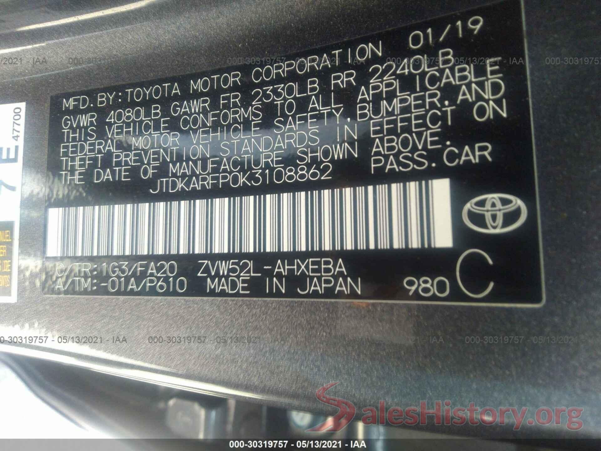 JTDKARFP0K3108862 2019 TOYOTA PRIUS PRIME