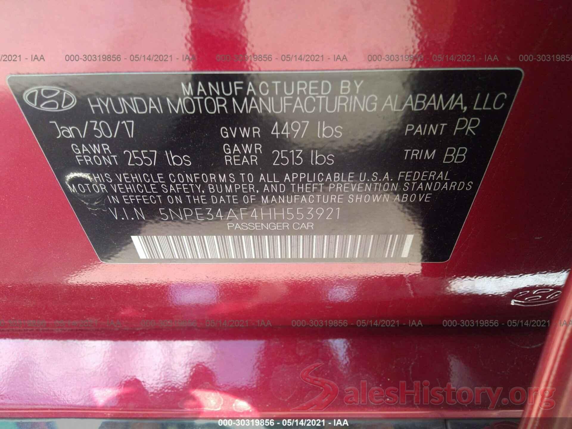 5NPE34AF4HH553921 2017 HYUNDAI SONATA