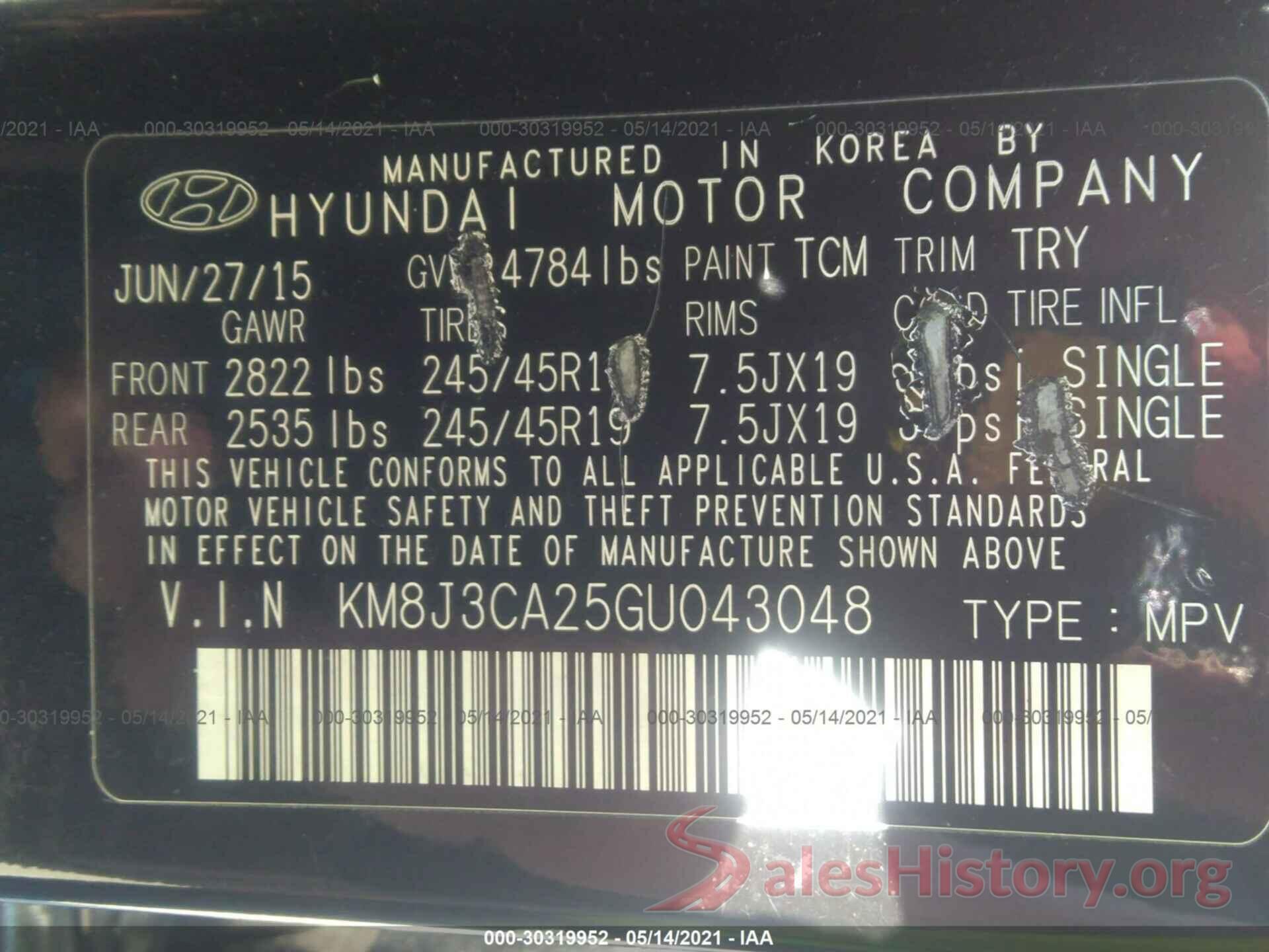 KM8J3CA25GU043048 2016 HYUNDAI TUCSON