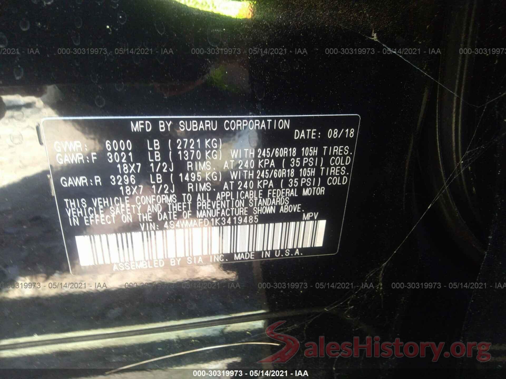 4S4WMAFD1K3419485 2019 SUBARU ASCENT