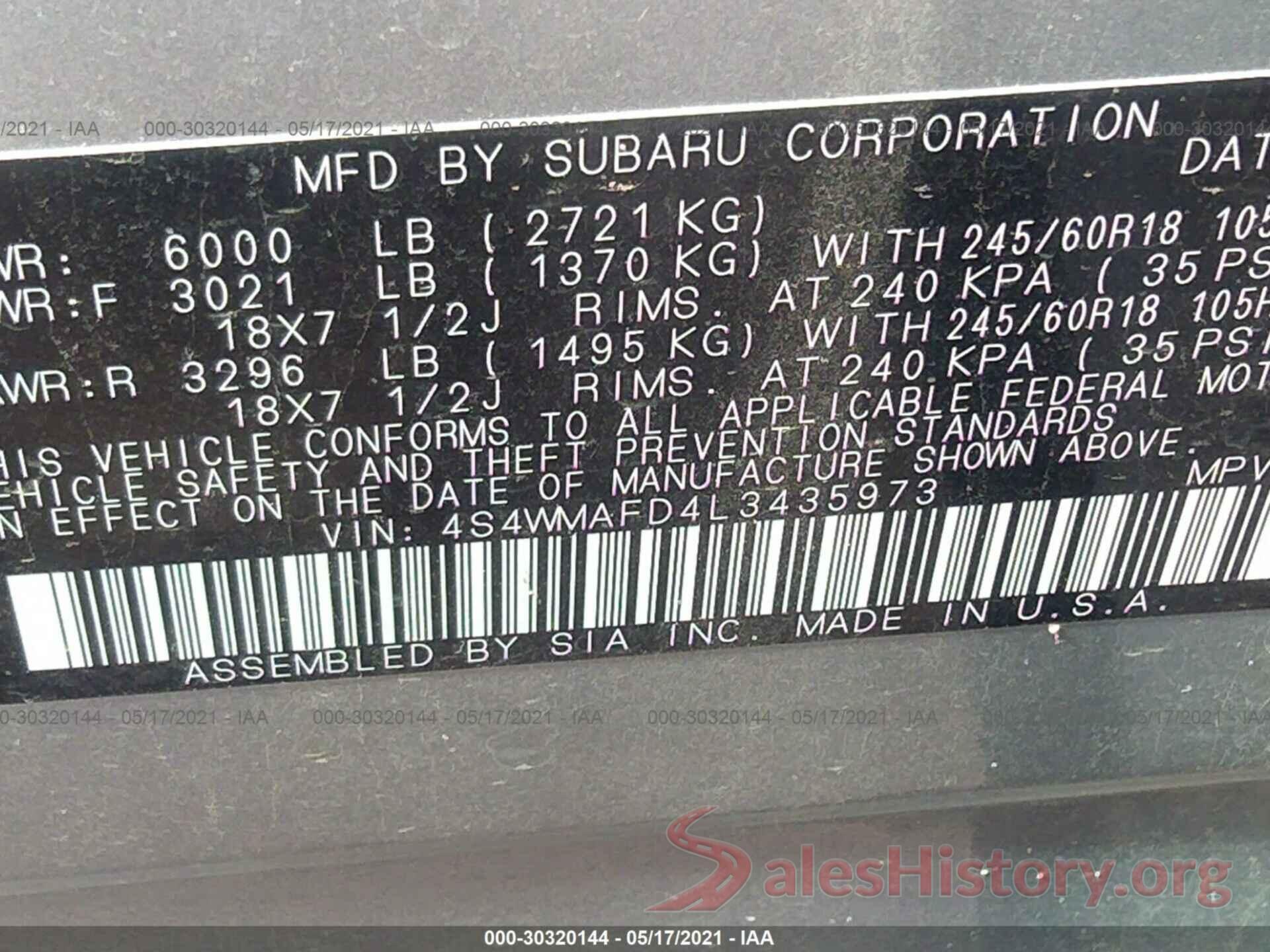 4S4WMAFD4L3435973 2020 SUBARU ASCENT