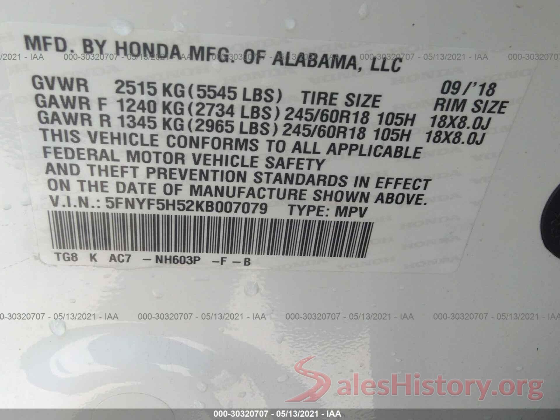 5FNYF5H52KB007079 2019 HONDA PILOT