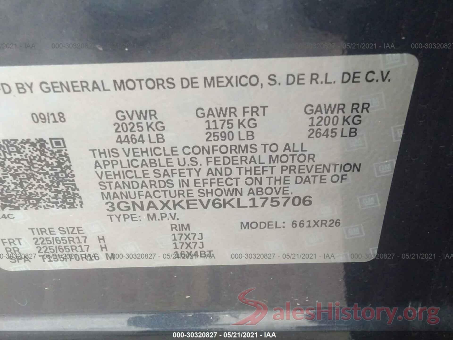 3GNAXKEV6KL175706 2019 CHEVROLET EQUINOX