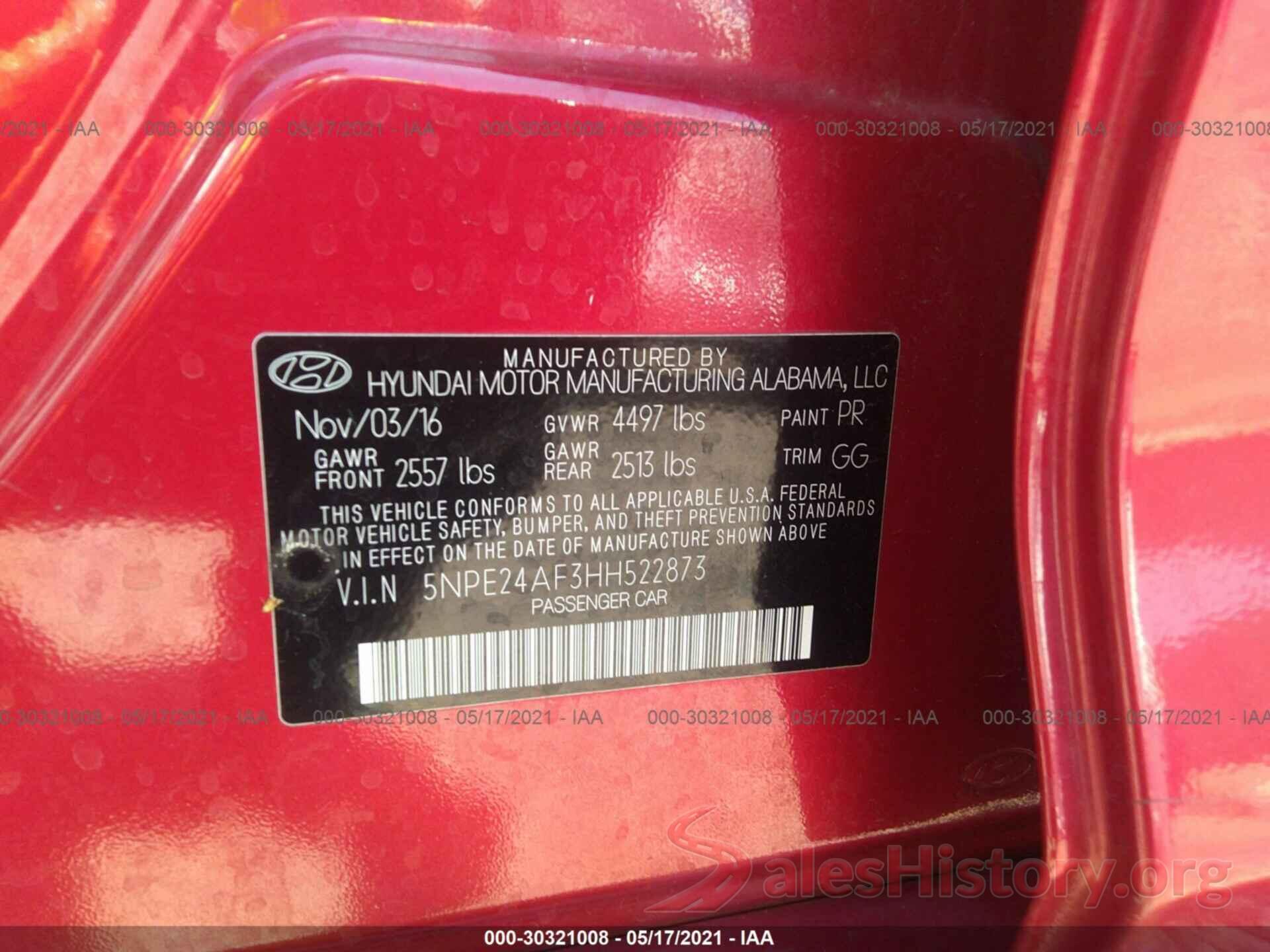 5NPE24AF3HH522873 2017 HYUNDAI SONATA