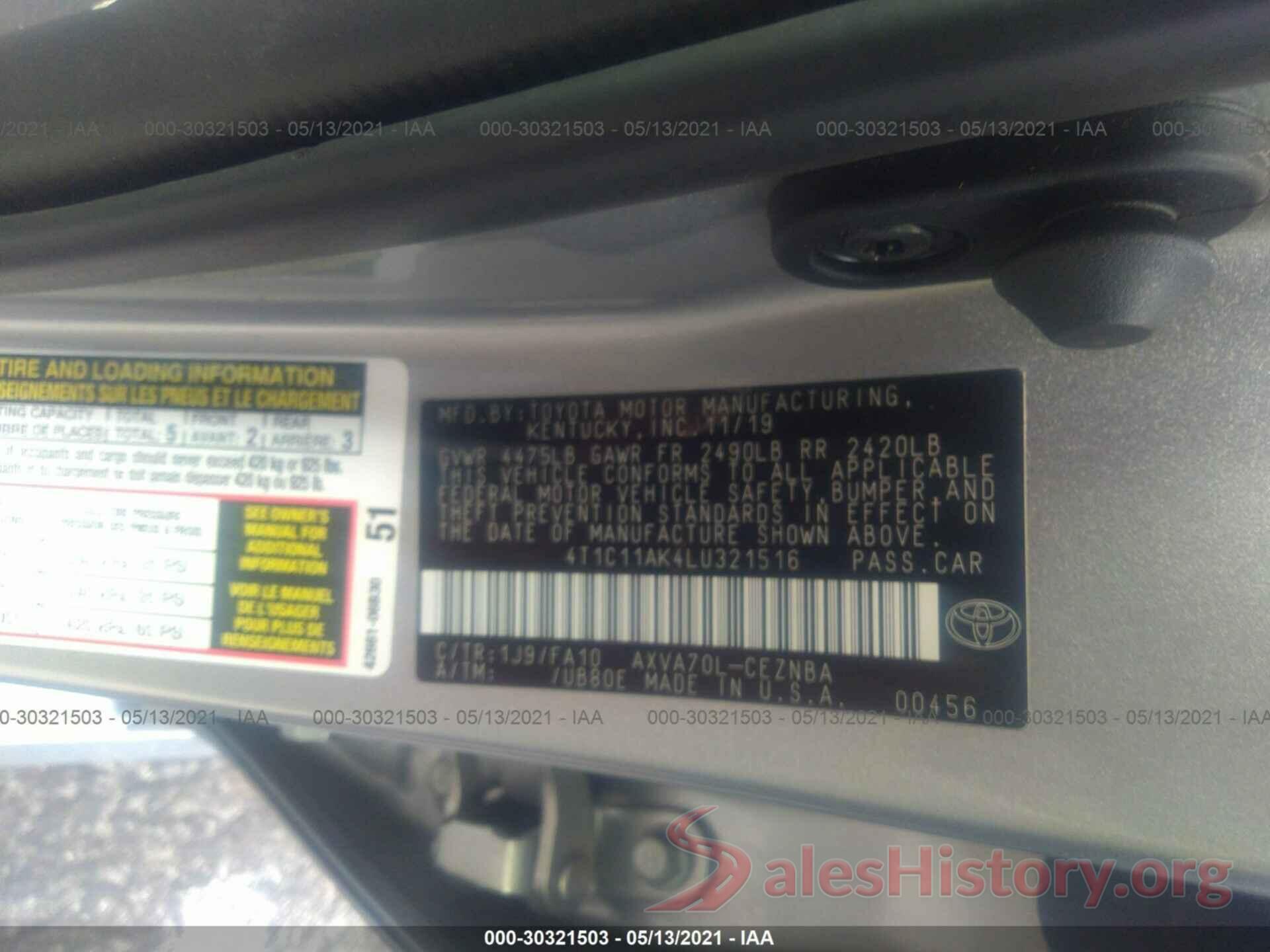 4T1C11AK4LU321516 2020 TOYOTA CAMRY