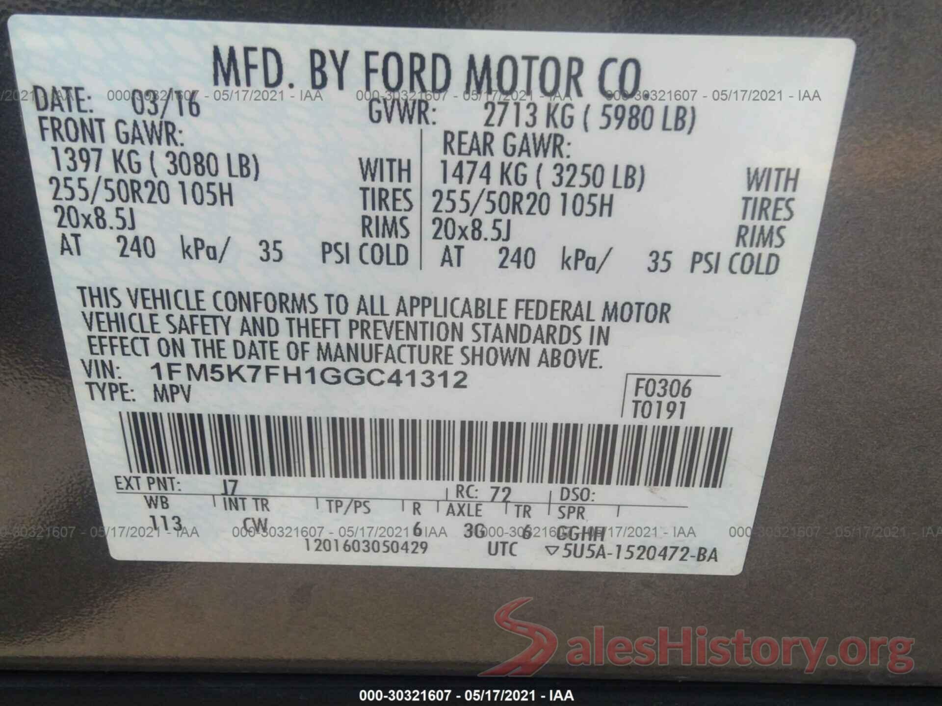 1FM5K7FH1GGC41312 2016 FORD EXPLORER