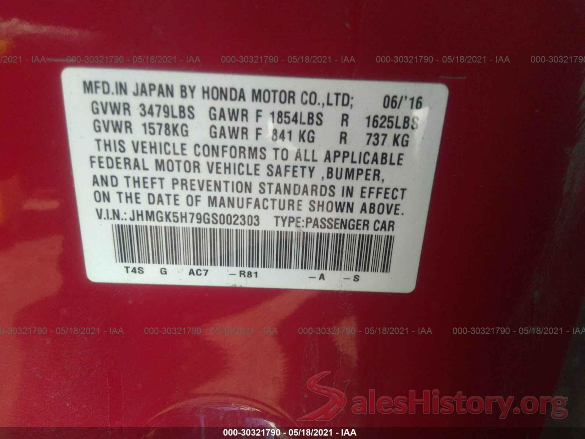 JHMGK5H79GS002303 2016 HONDA FIT