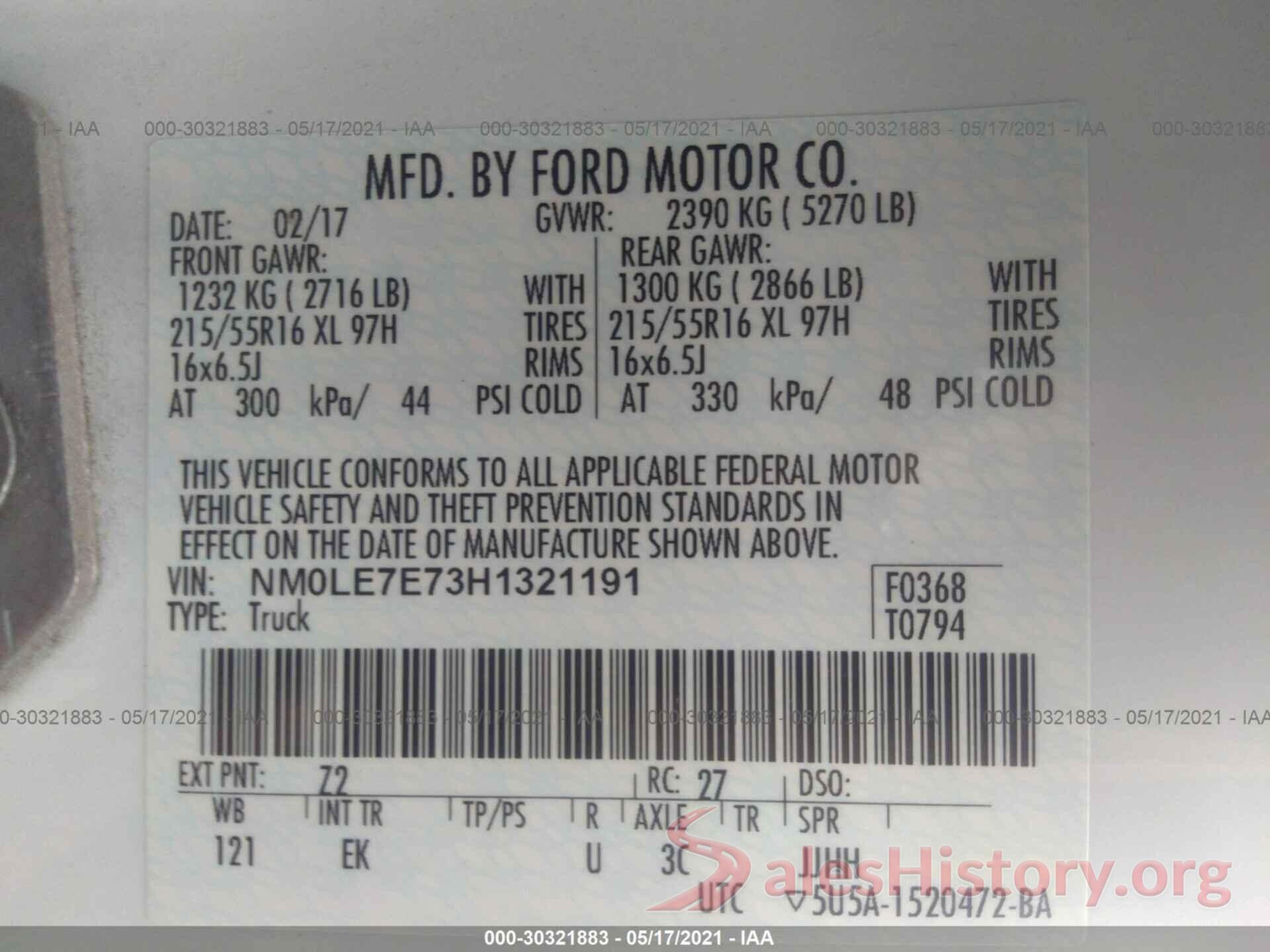 NM0LE7E73H1321191 2017 FORD TRANSIT CONNECT VAN